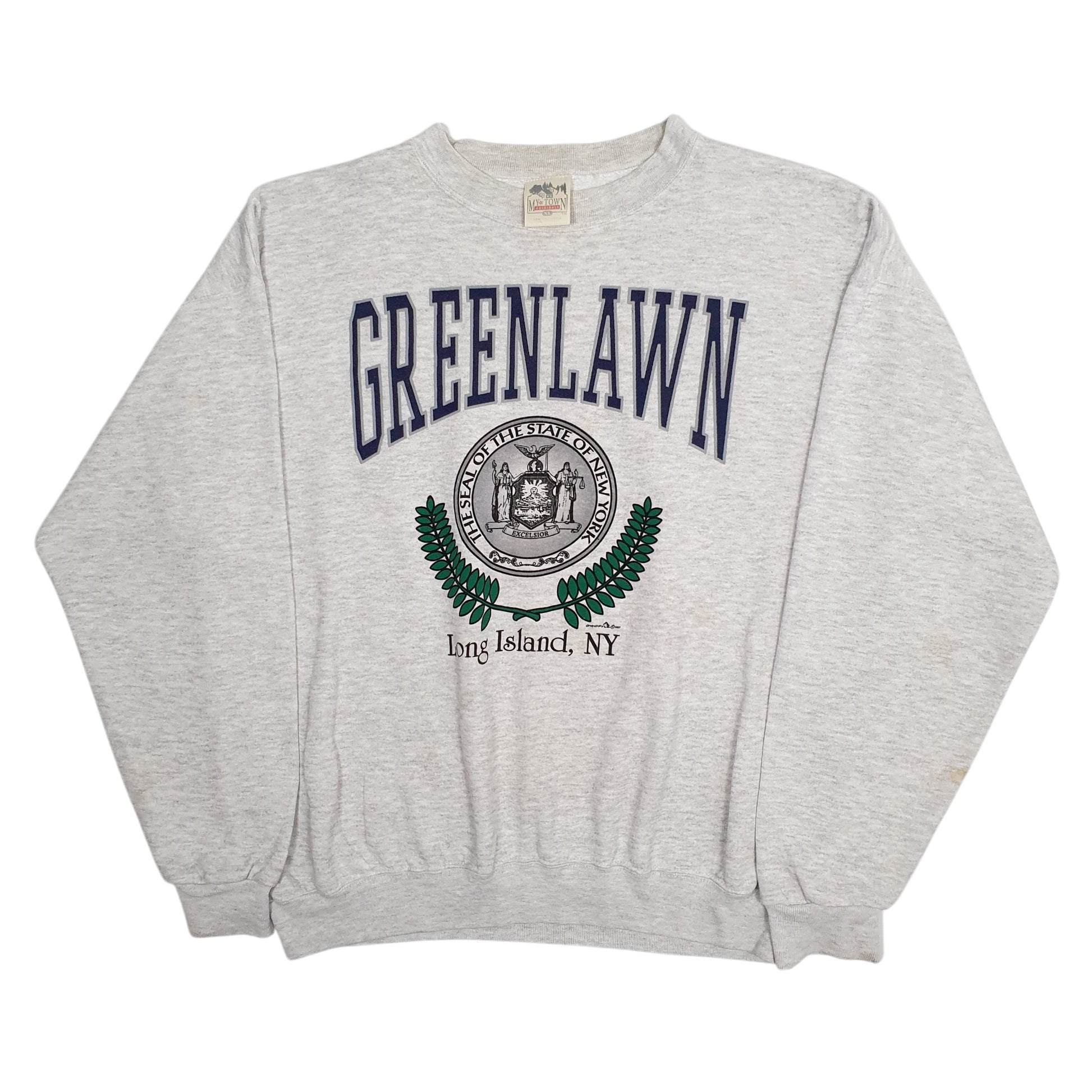 Mens Grey My Town Originals Vintage 90s Made In USA Greenlawn New York Crewneck Jumper