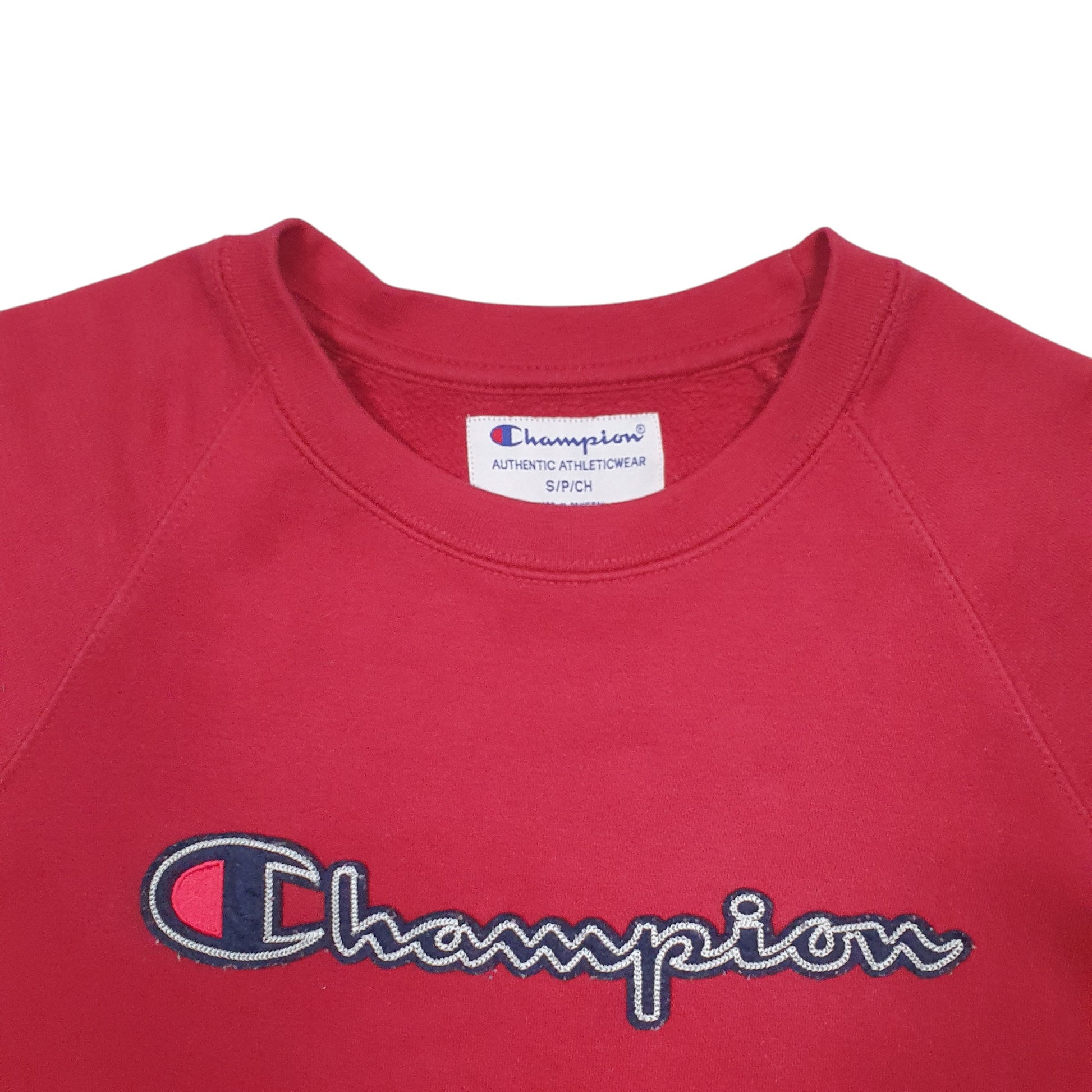 Mens Red Champion Spellout Crewneck Jumper