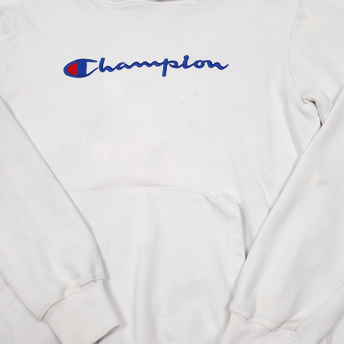 Mens White Champion Script Hoodie Jumper