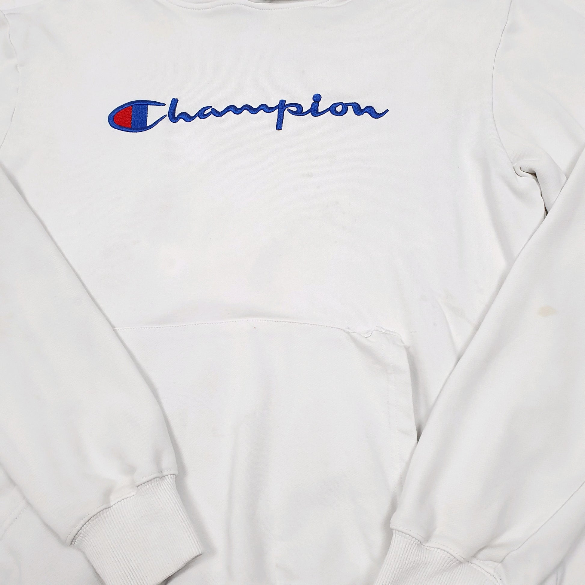 Mens White Champion Script Hoodie Jumper