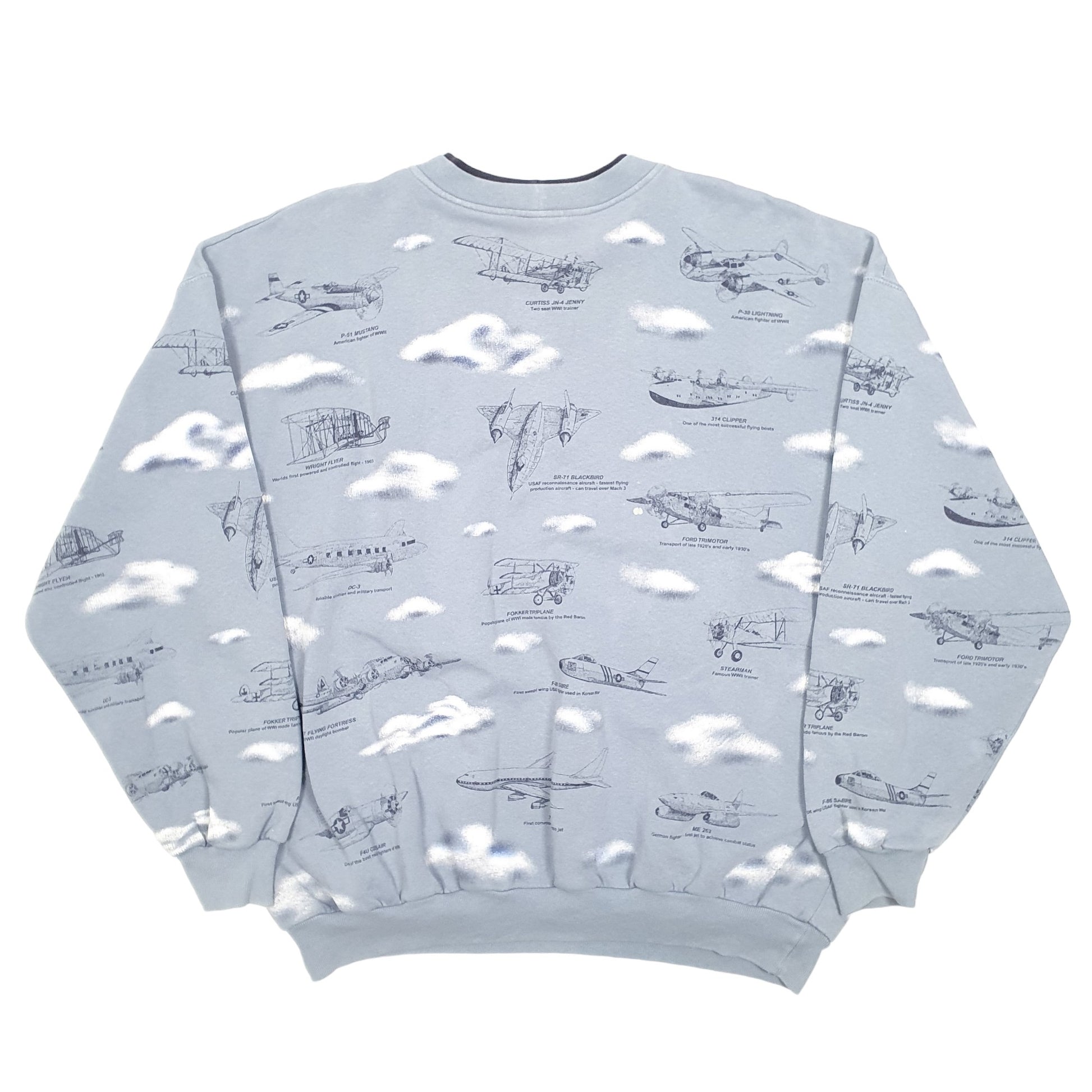 Mens Grey Art Unlimited History Of Aviation Spitfire Mustang Fighters Vintage 90s Crewneck Jumper