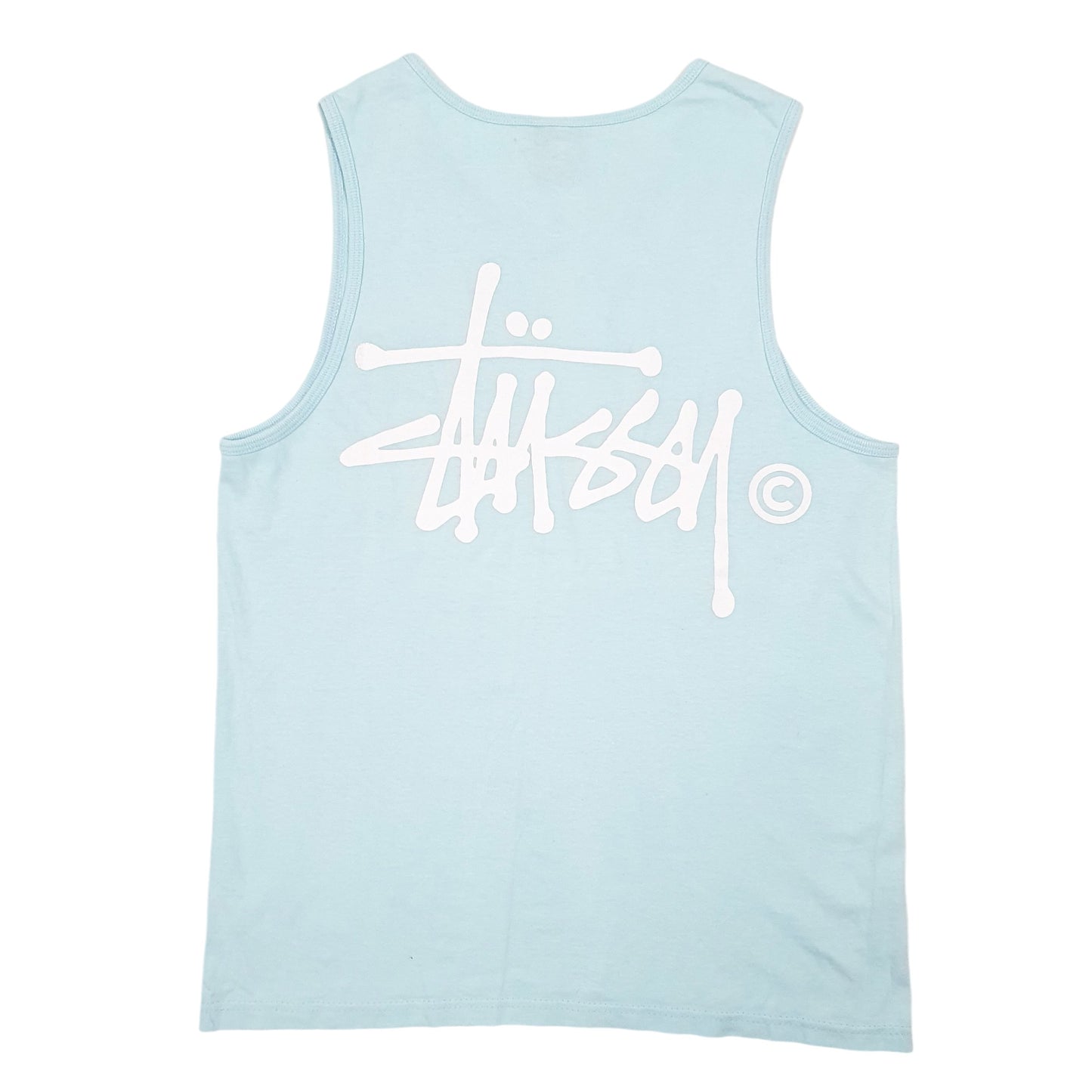 Mens Blue Stussy Spellout Vest Tank Top Short Sleeve T Shirt