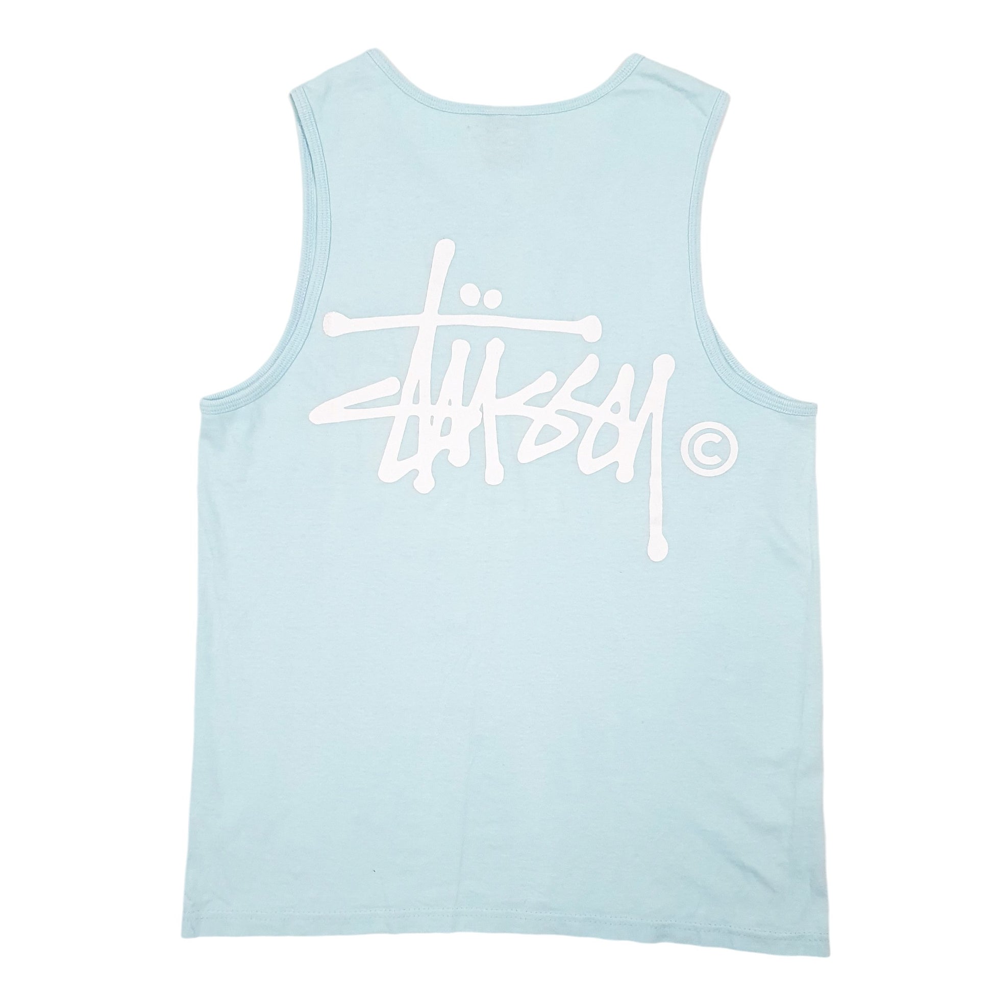 Mens Blue Stussy Spellout Vest Tank Top Short Sleeve T Shirt