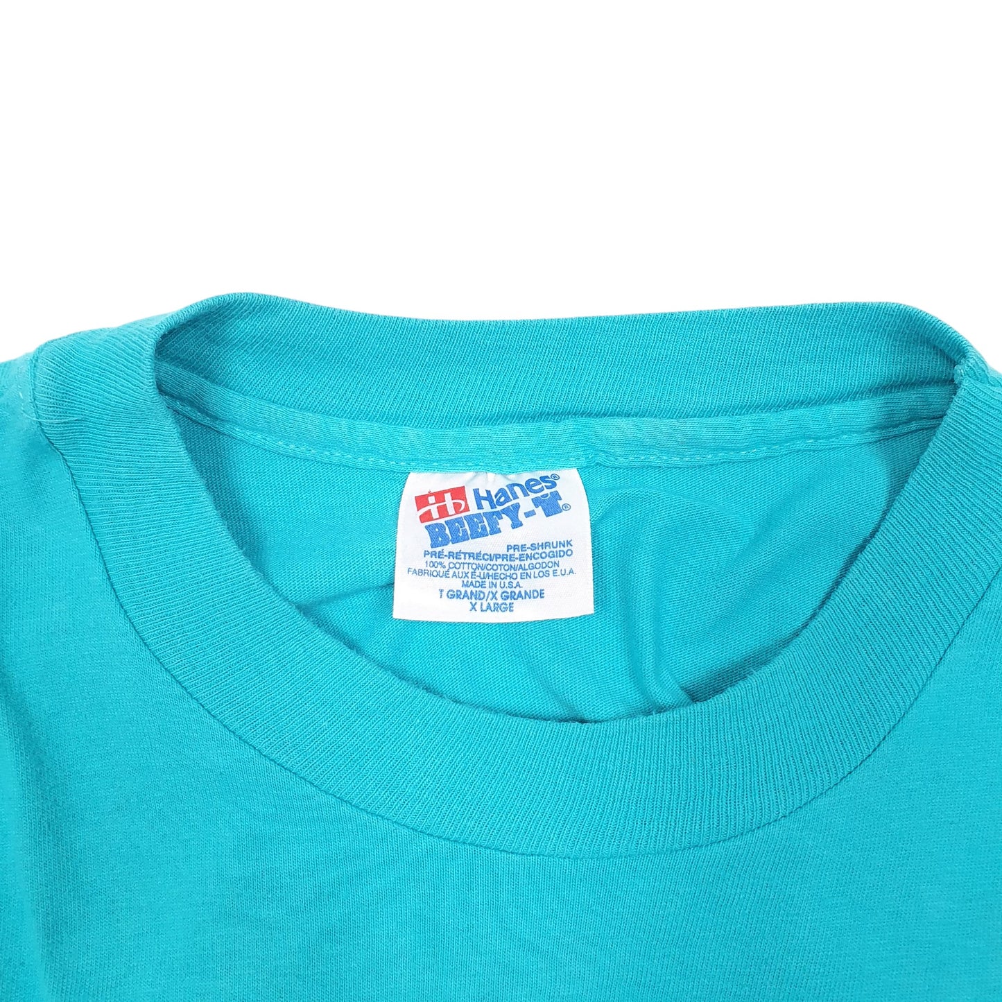 Mens Turquoise Hanes Single Stitch Vintage 90s Beefy Made In USA Christian Short Sleeve T Shirt