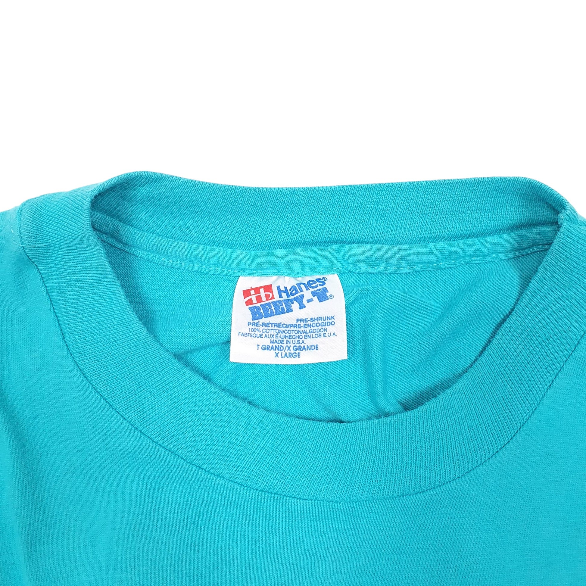 Mens Turquoise Hanes Single Stitch Vintage 90s Beefy Made In USA Christian Short Sleeve T Shirt