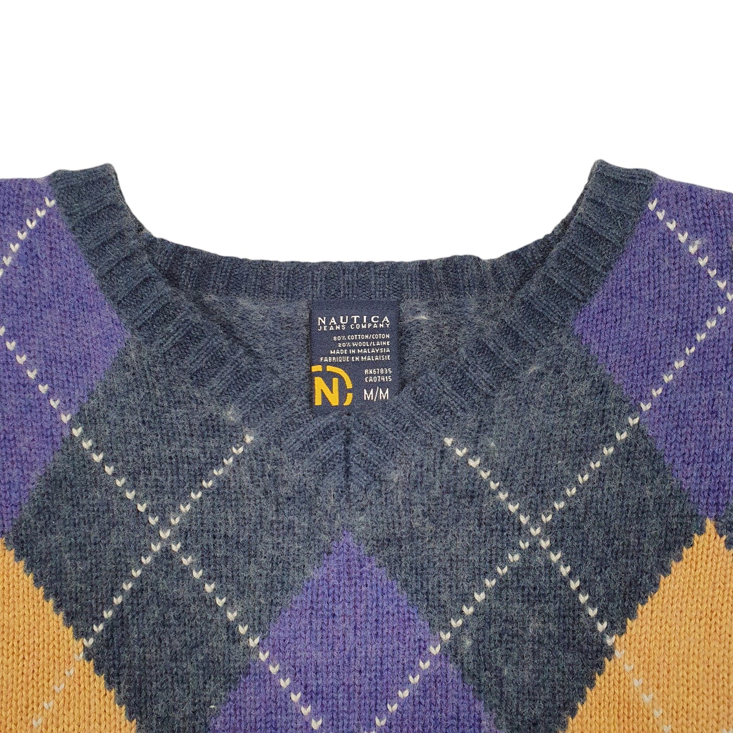 Mens Navy Nautica Knit Jeans Co Argyle Blend V Neck Jumper