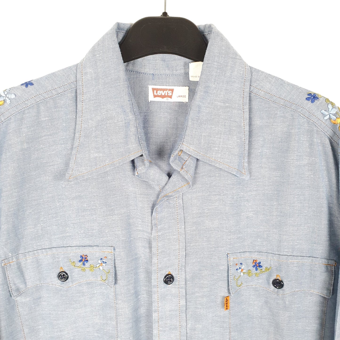 Mens Blue Levis Vintage Orange Tab Folk Embroidery Made In USA Long Sleeve Shirt