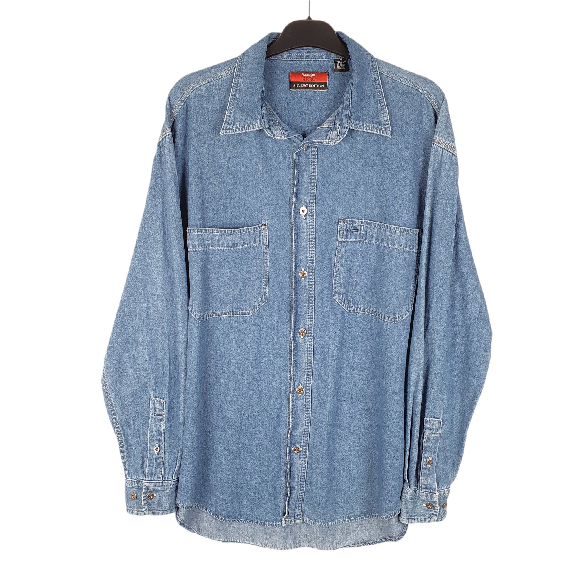 Mens Blue Wrangler Denim Jeans Hero Work Chambray Silver Edition Long Sleeve Shirt