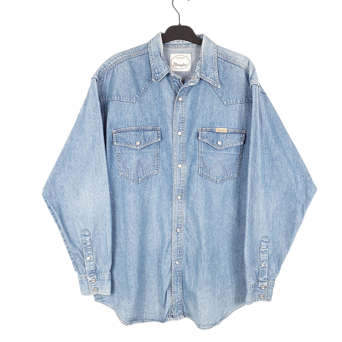 Mens Blue Wrangler Denim Jeans Vintage Pearl Snap Cowboy Western Long Sleeve Shirt