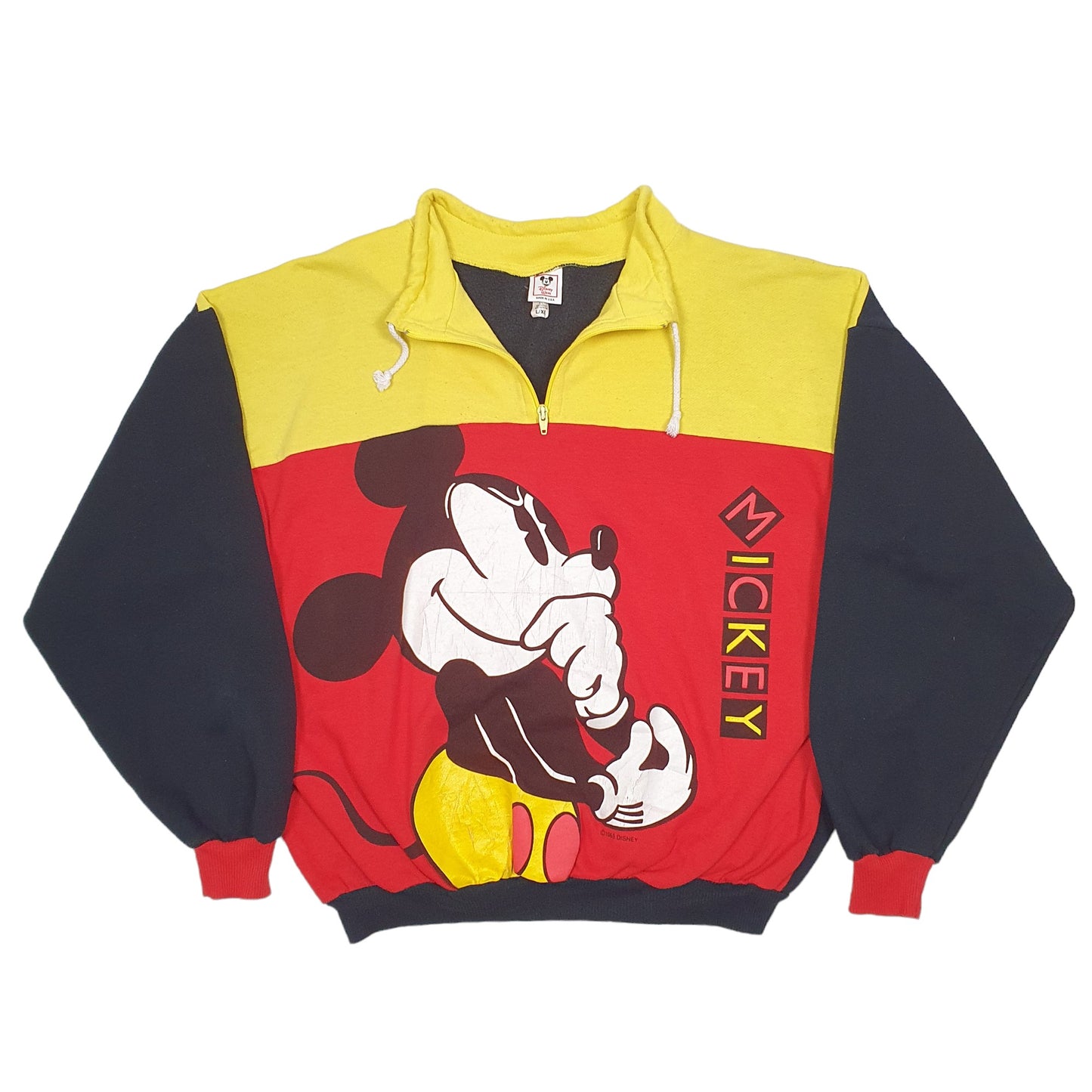 Mens Black Disney Vintage 1989 80s Mickey Mouse Made In USA Quarter Zip Jumper