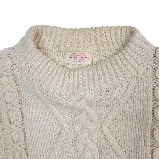 Mens Beige Saks Fifth Avenue Vintage 1960s Made in Ireland Chunky Knit Arran Crewneck Jumper