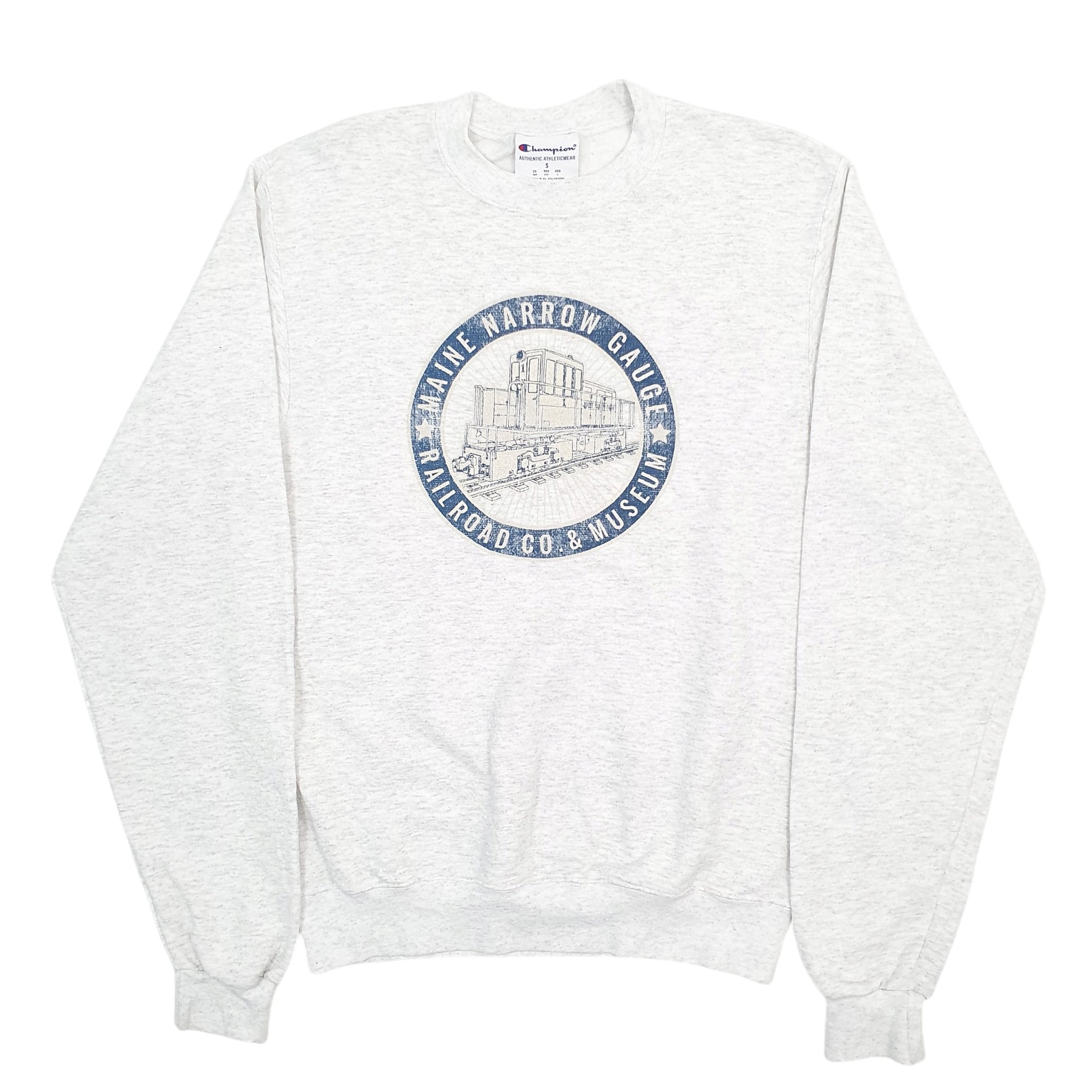 Mens Grey Champion Maine Narrow Gauge Train Railroad Spellout Crewneck Jumper