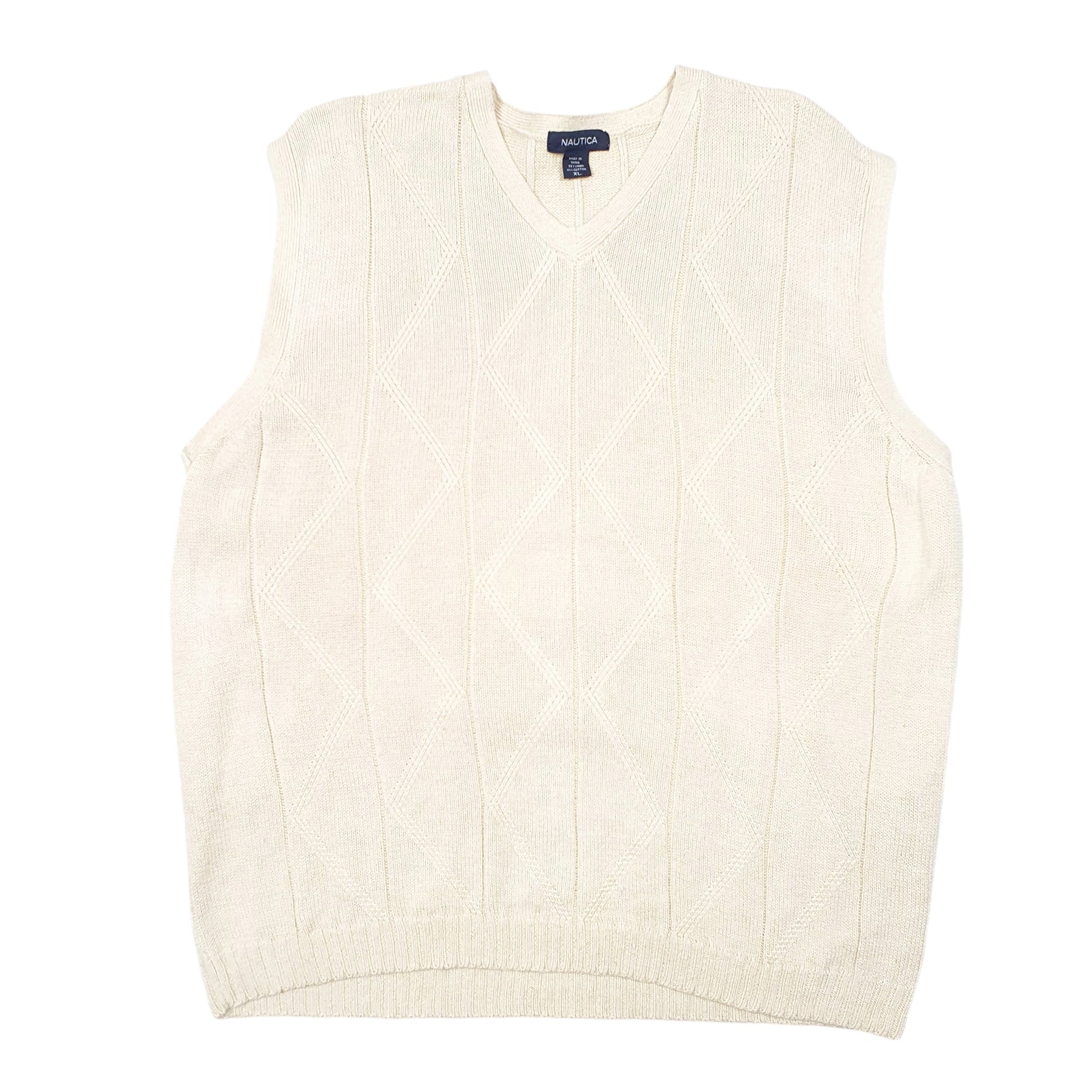 Mens Nautica Cream V Neck Knit Cable Vest Tank Top Sweater Jumper