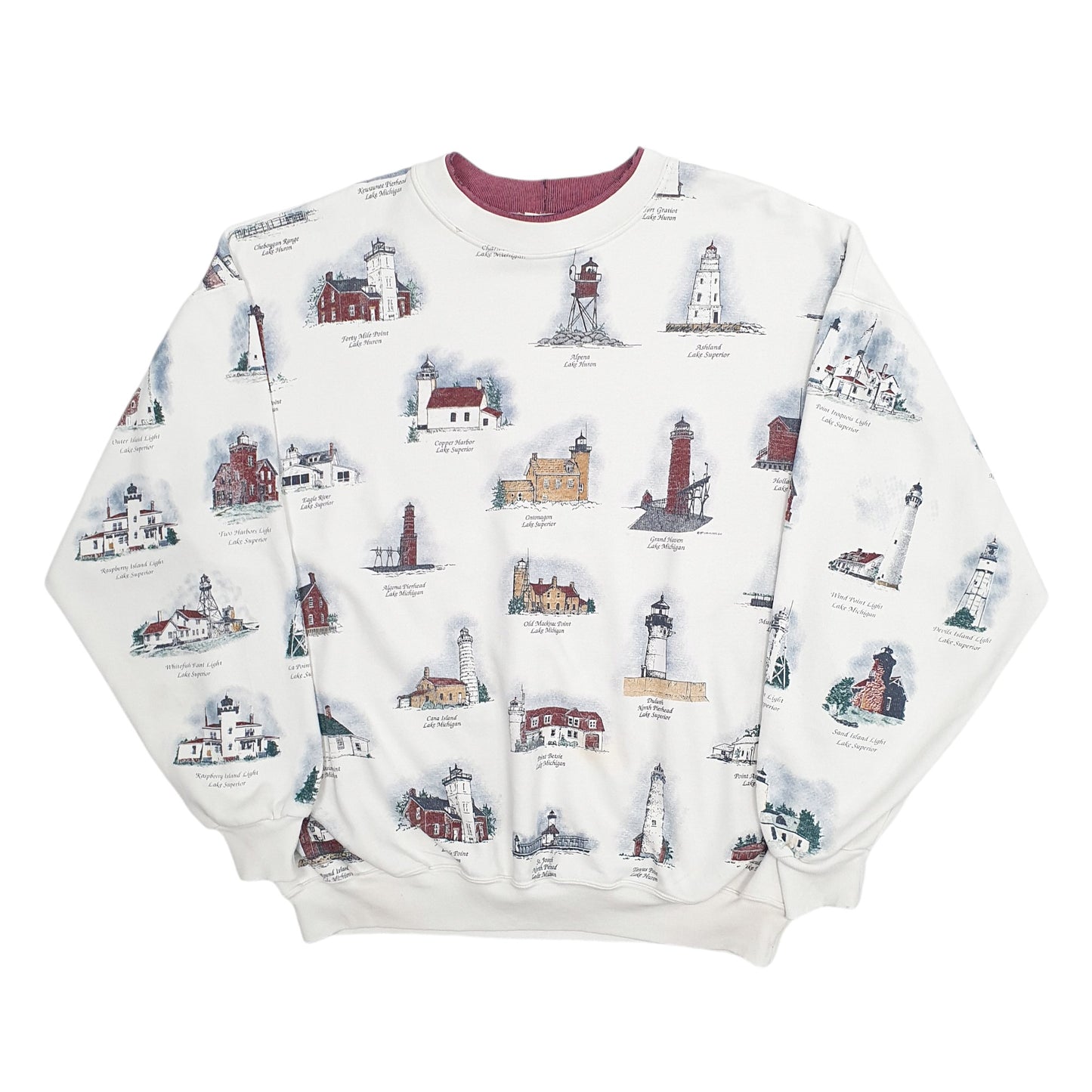 Mens White Art Unlimited Vintage 1990s Made in USA Great Lakes Lighthouses Crewneck Jumper