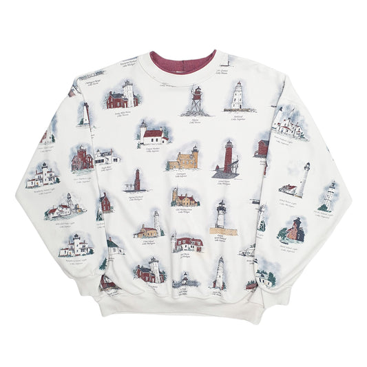 Mens White Art Unlimited Vintage 1990s Made in USA Great Lakes Lighthouses Crewneck Jumper