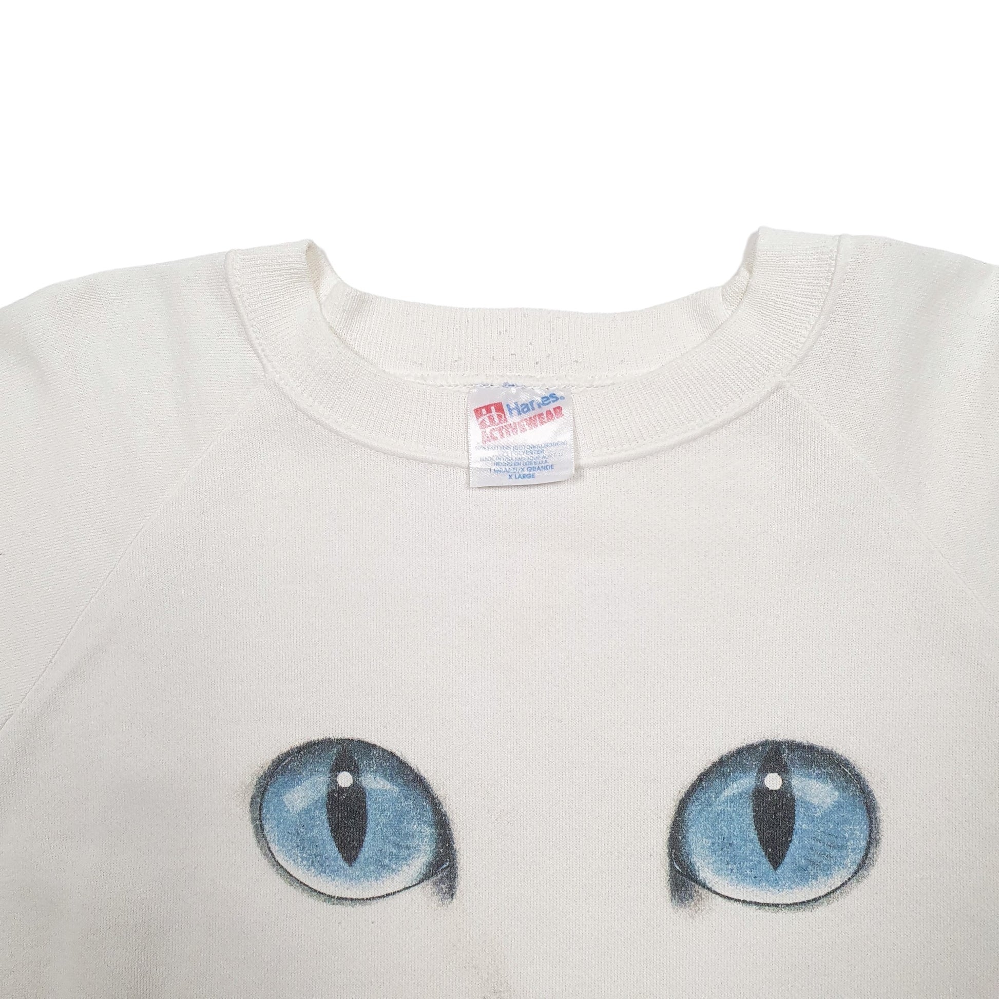 Mens White Hanes Made In USA Vintage 90's Cat Crewneck Jumper