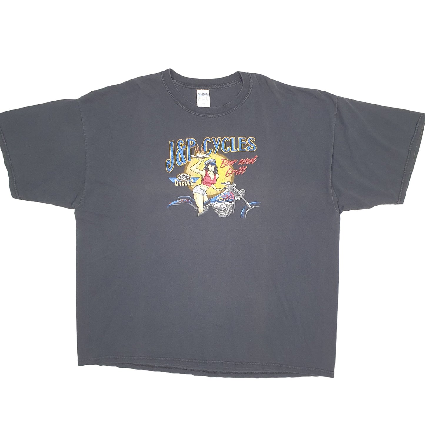 Mens Black Gildan Vintage Graphic J&P Bar and Grill Short Sleeve T Shirt