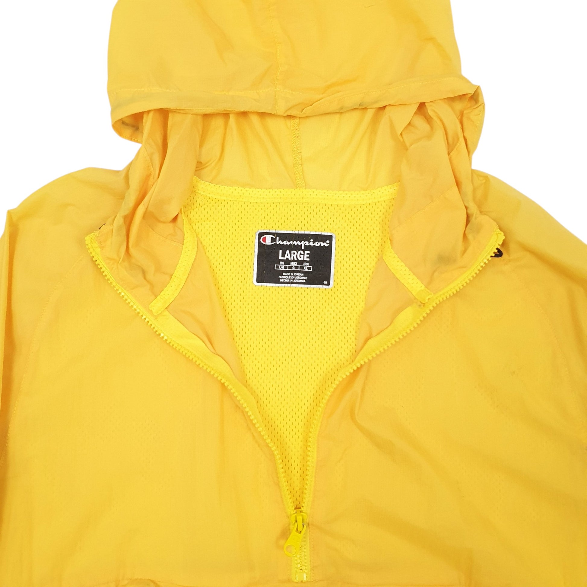 Mens Yellow Chanpion Zip is not working correctly. Hole in the hood. Cracking in the print on the front.  Coat