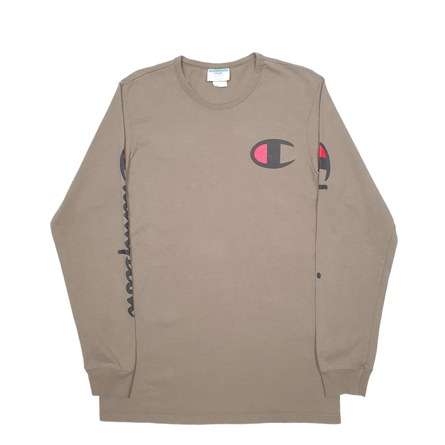Mens Khaki Champion Spellout Long Sleeve T Shirt