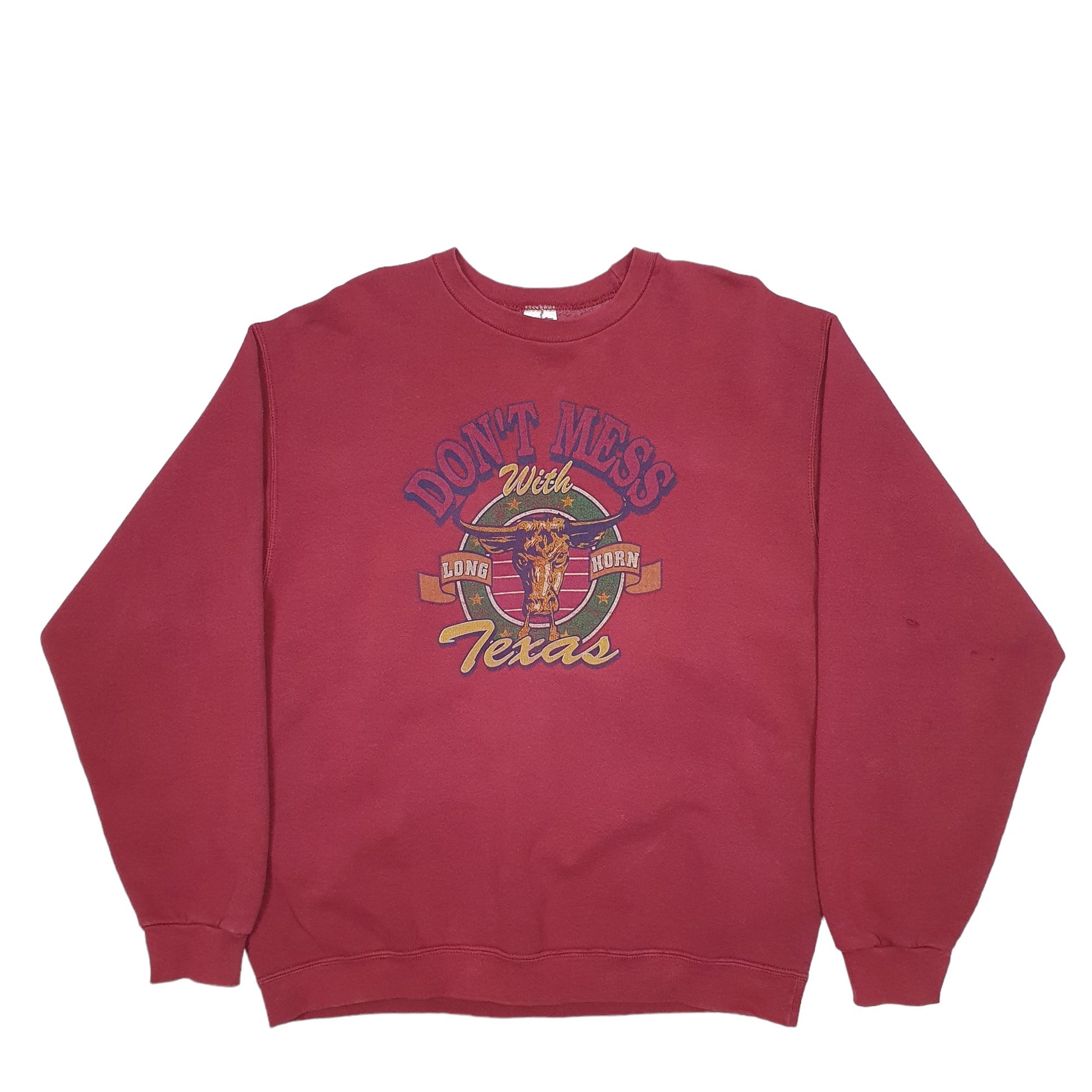 Mens Burgundy Fruit Of The Loom Texas 90's Vintage Bull Crewneck Jumper