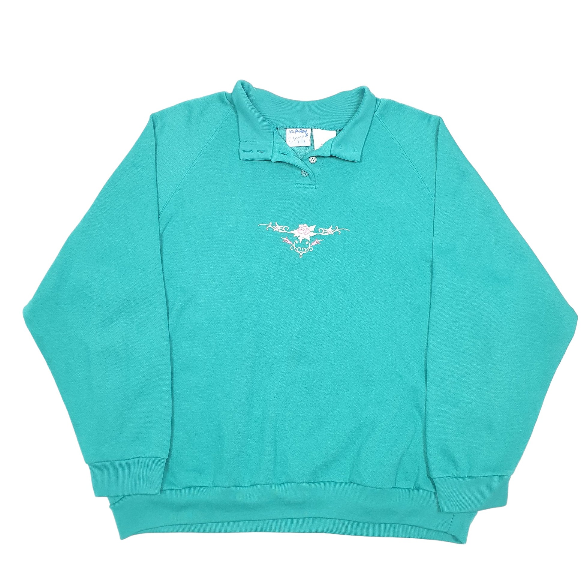 Womens Green Blair Vintage Button Raglan 90s Rose Flowers Embroidered Crewneck Jumper