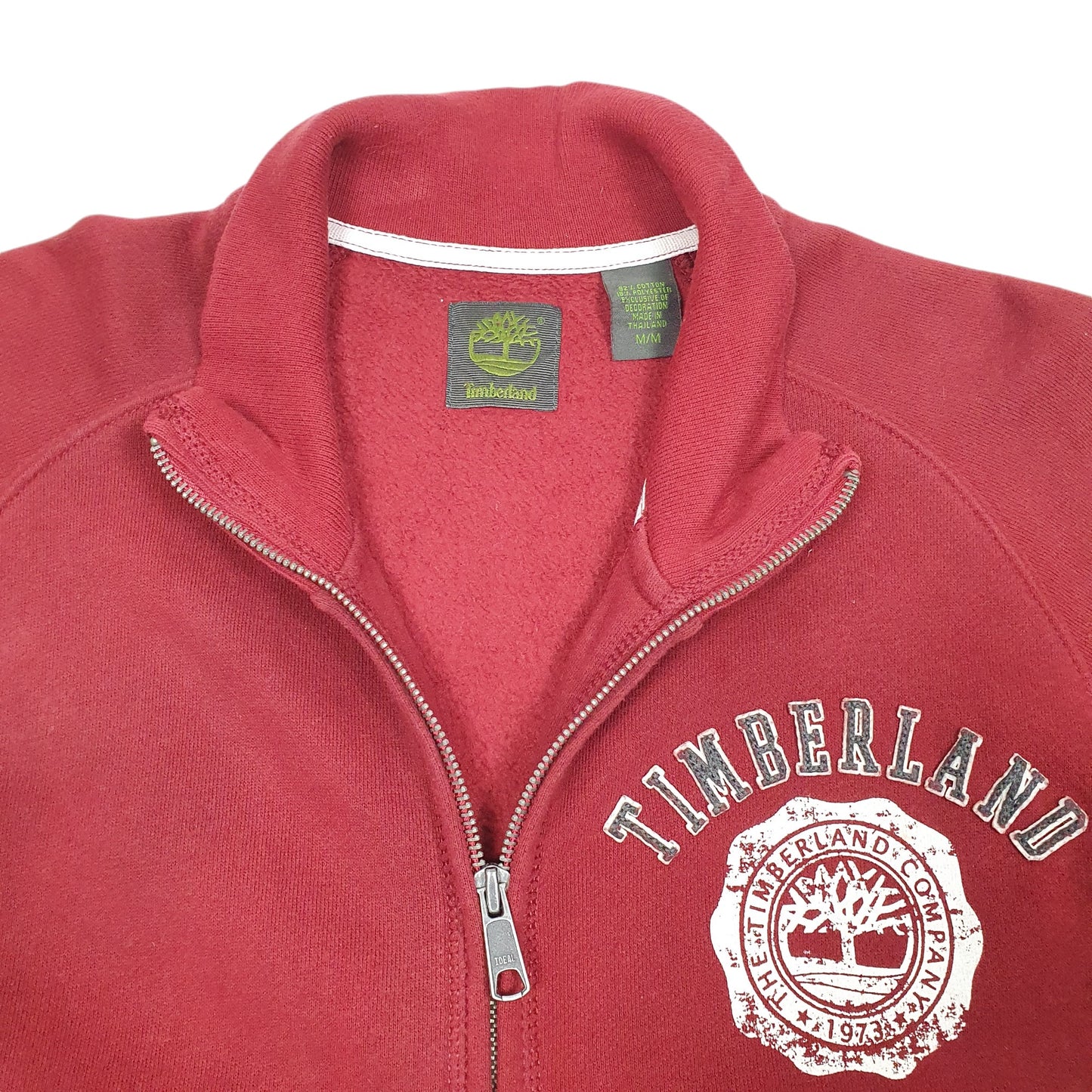 Mens Burgundy Timberland Sweater Spellout Stamp Logo Varsity Track Full Zip Jumper