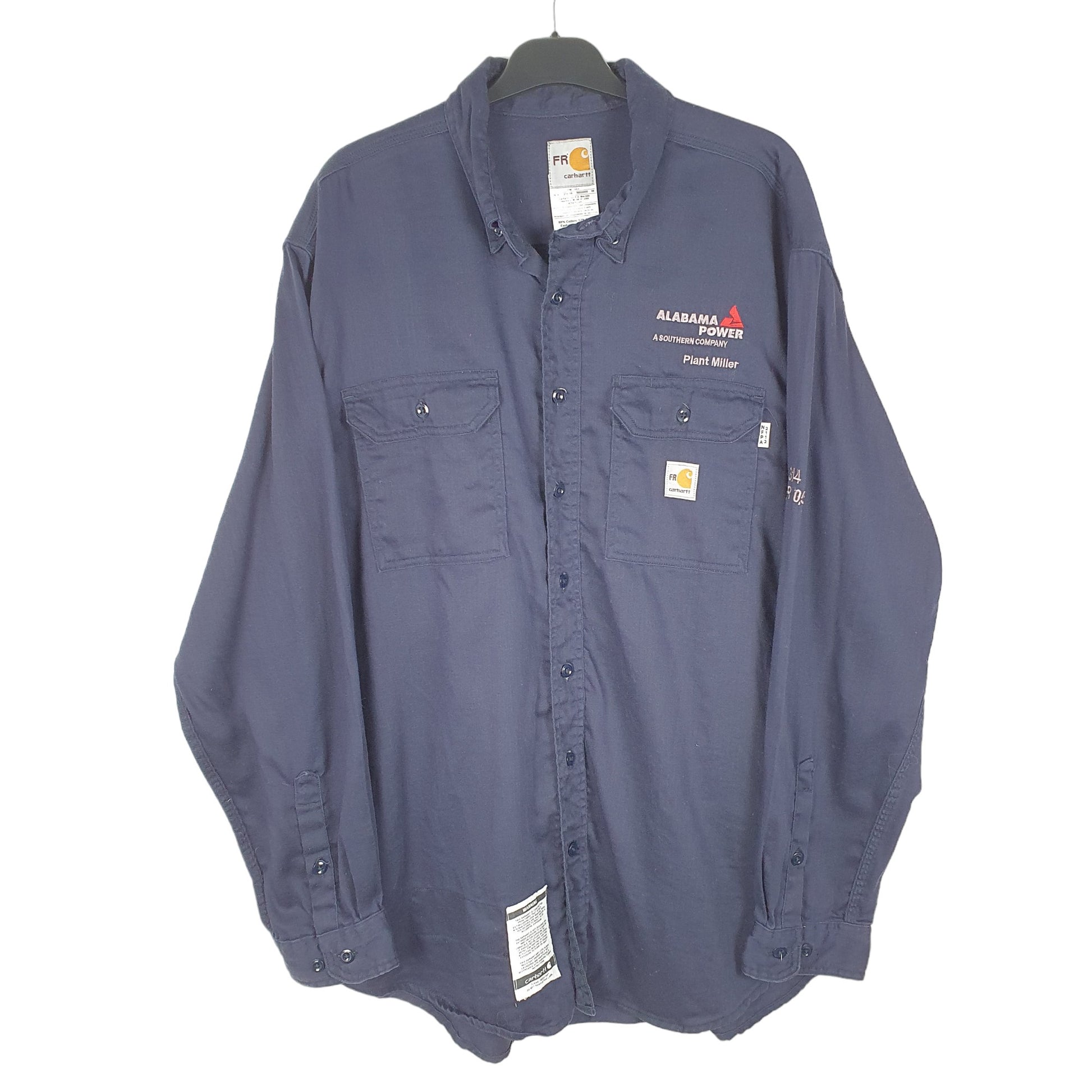 Mens Navy Carhartt Flame Resistant Workwear Alabama Power Long Sleeve Shirt