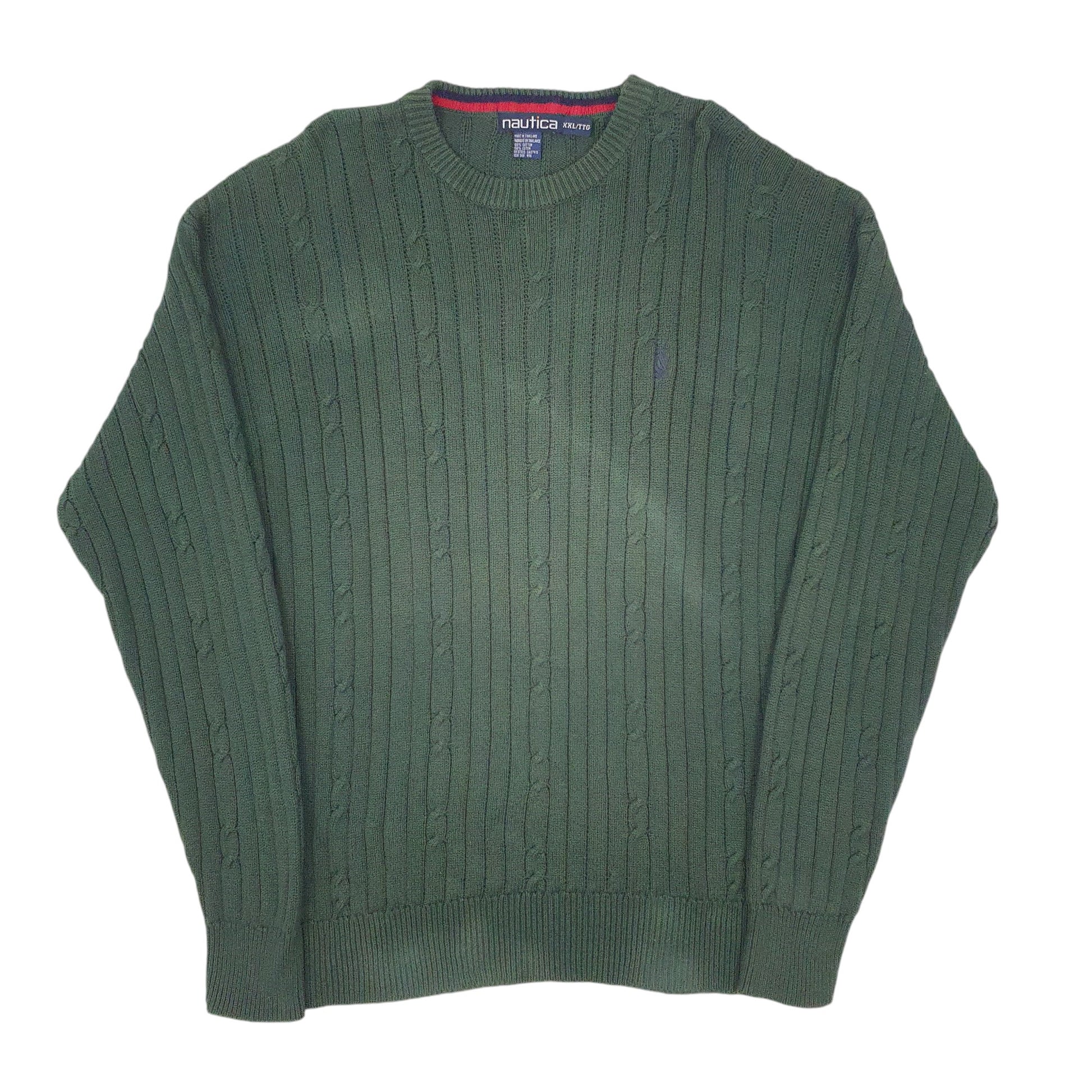 Mens Green Nautica Cable Knit Vintage 1990s Knitwear Crewneck Jumper