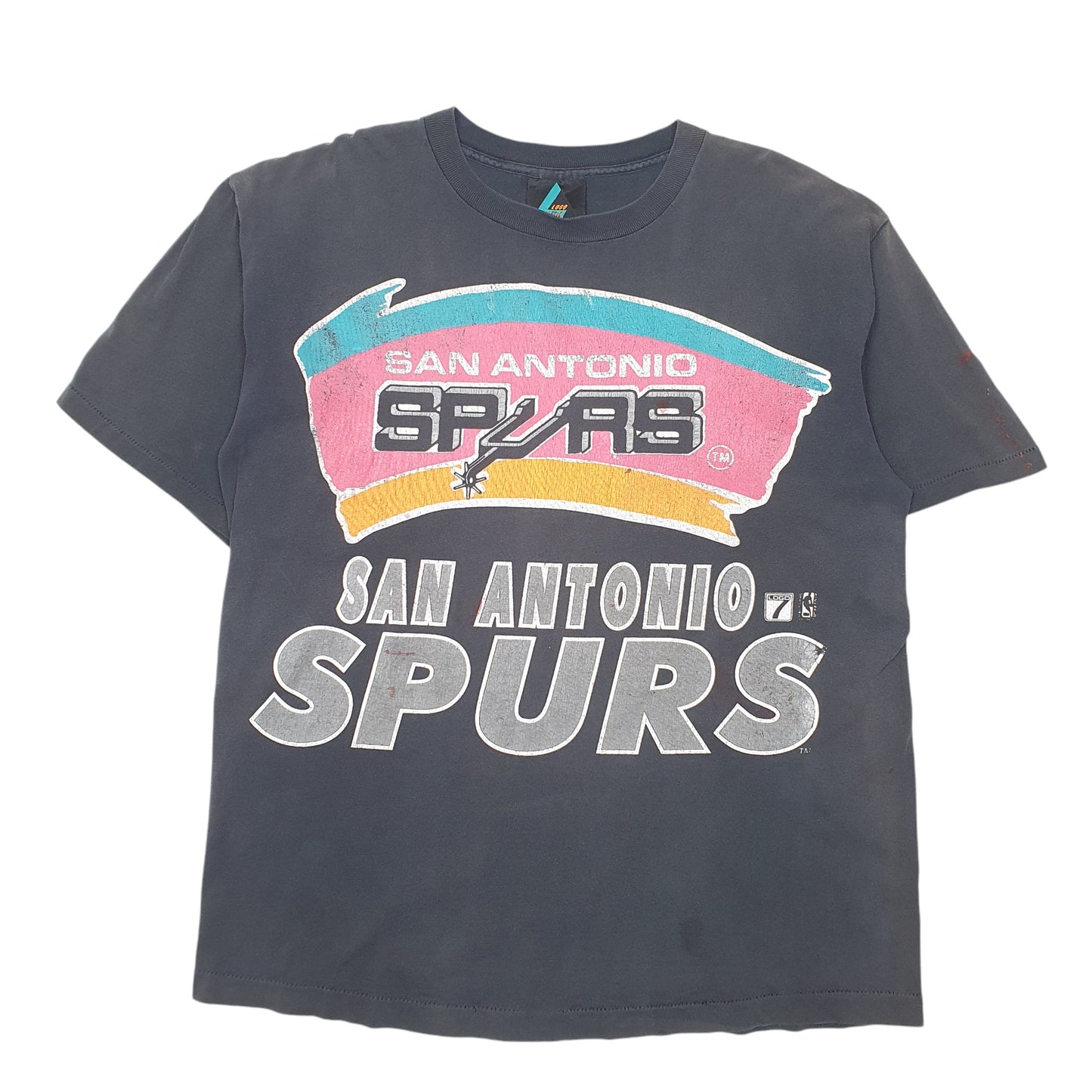 Mens Black Logo Athletic Single Stitch Vintage 90s Made In USA Spurs Basketball Short Sleeve T Shirt