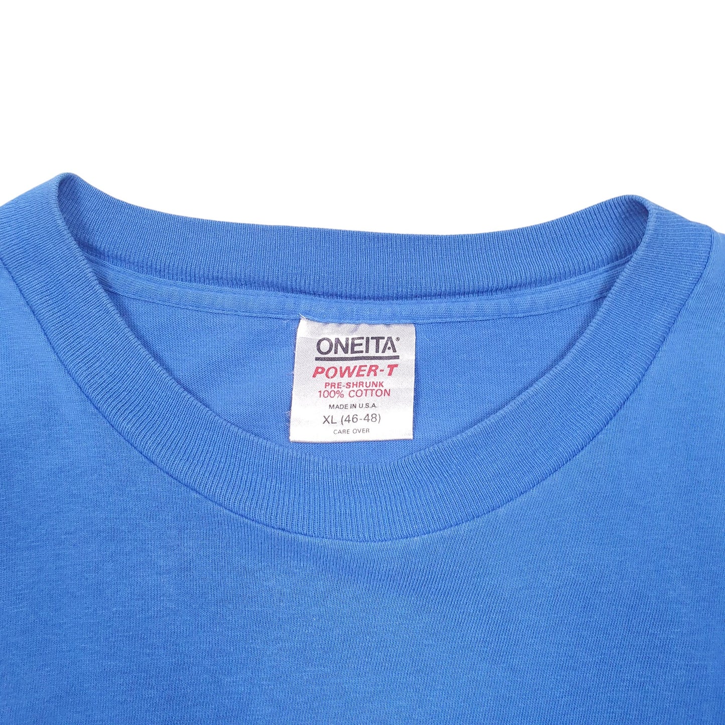 Mens Blue Oneita Single Stitch Vintage 90s Made In USA Dont Worry Be Happy Short Sleeve T Shirt