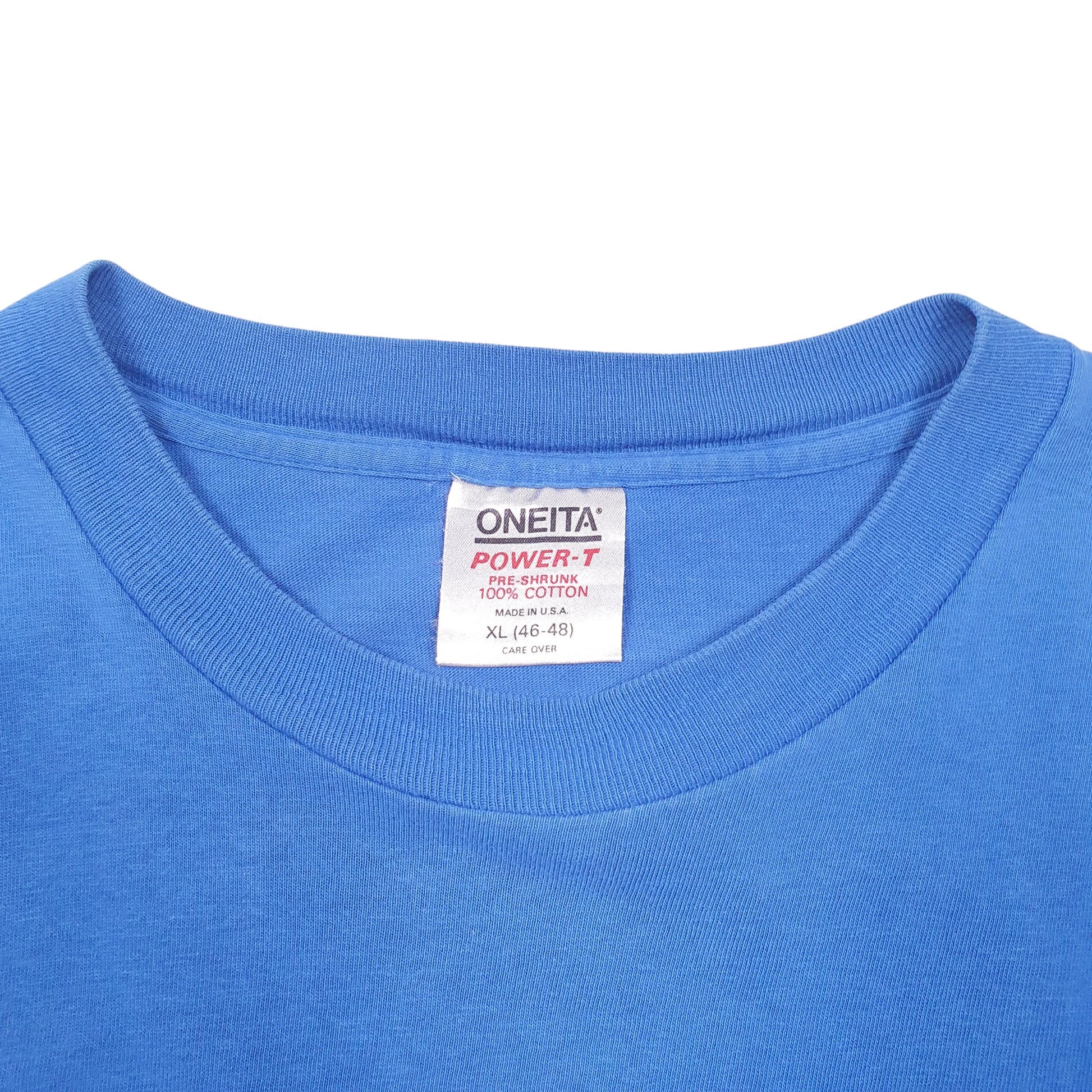 Mens Blue Oneita Single Stitch Vintage 90s Made In USA Dont Worry Be Happy Short Sleeve T Shirt
