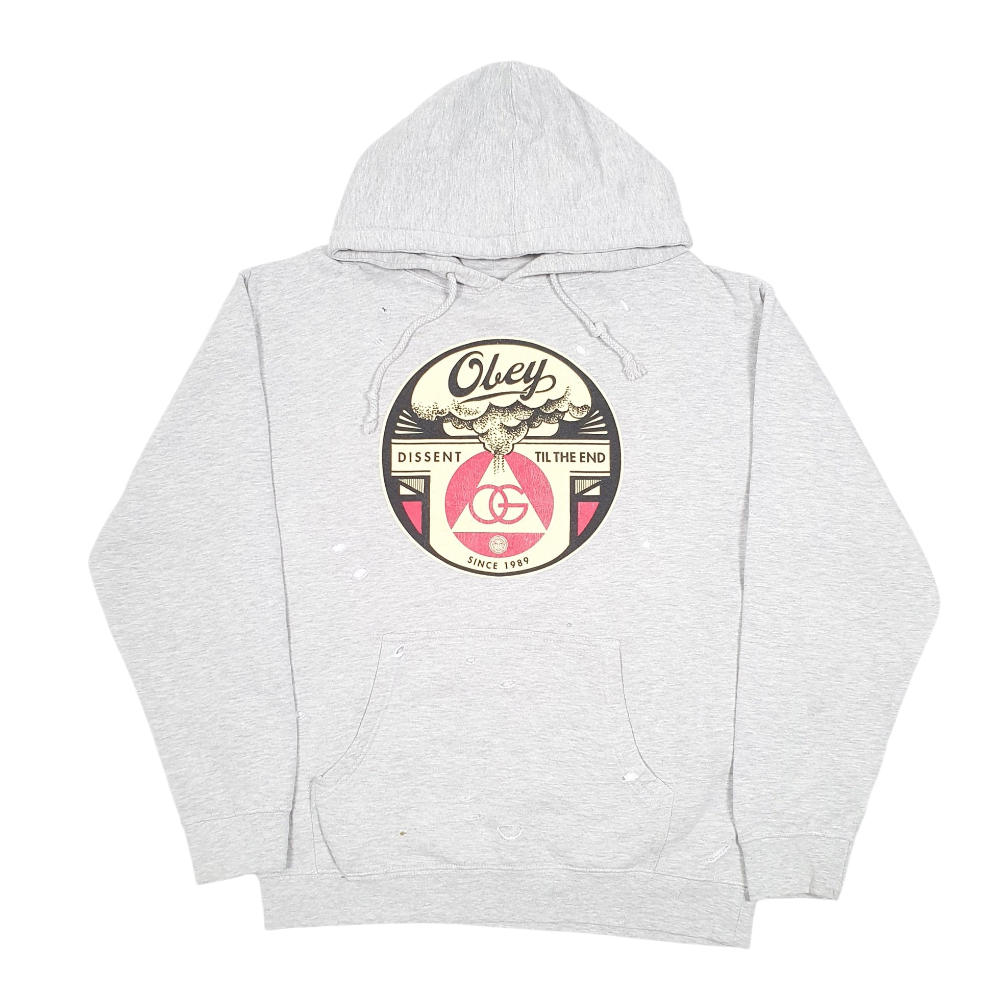 Mens Grey Obey Disent Distressed Since 1989 Hoodie Jumper