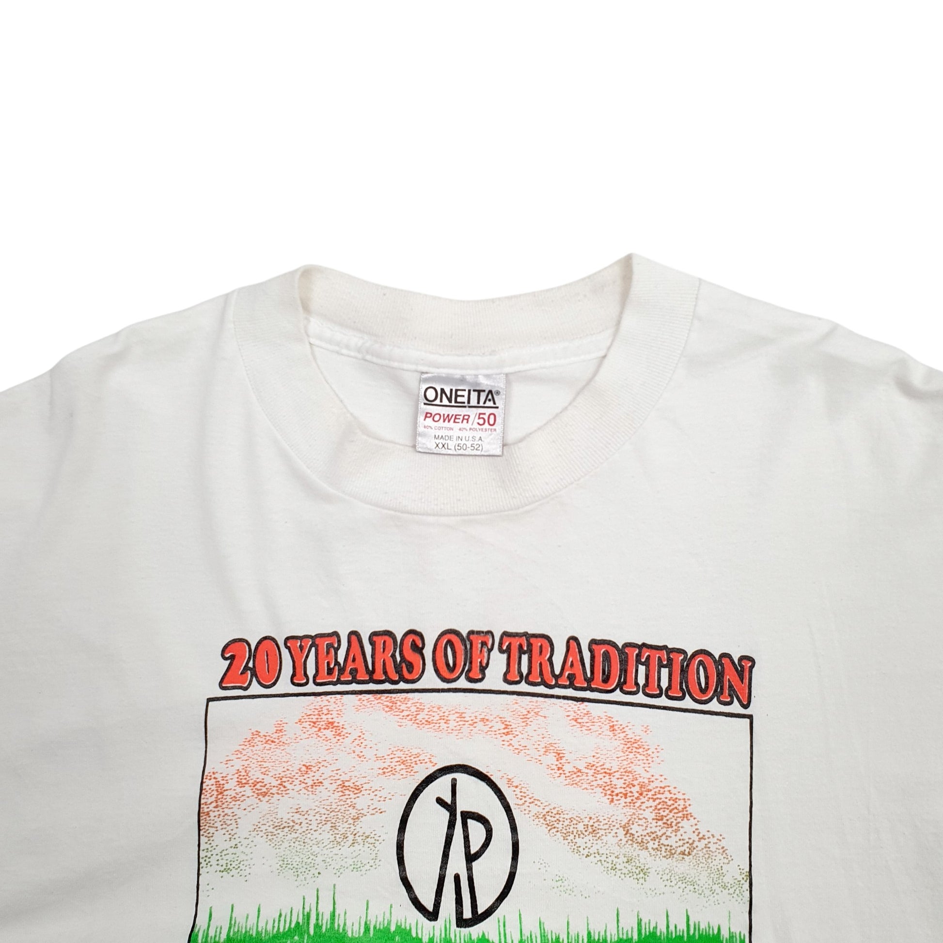 Mens White Oneita Single Stitch Vintage 90s Made In USA 20 Years Of Tradition Short Sleeve T Shirt