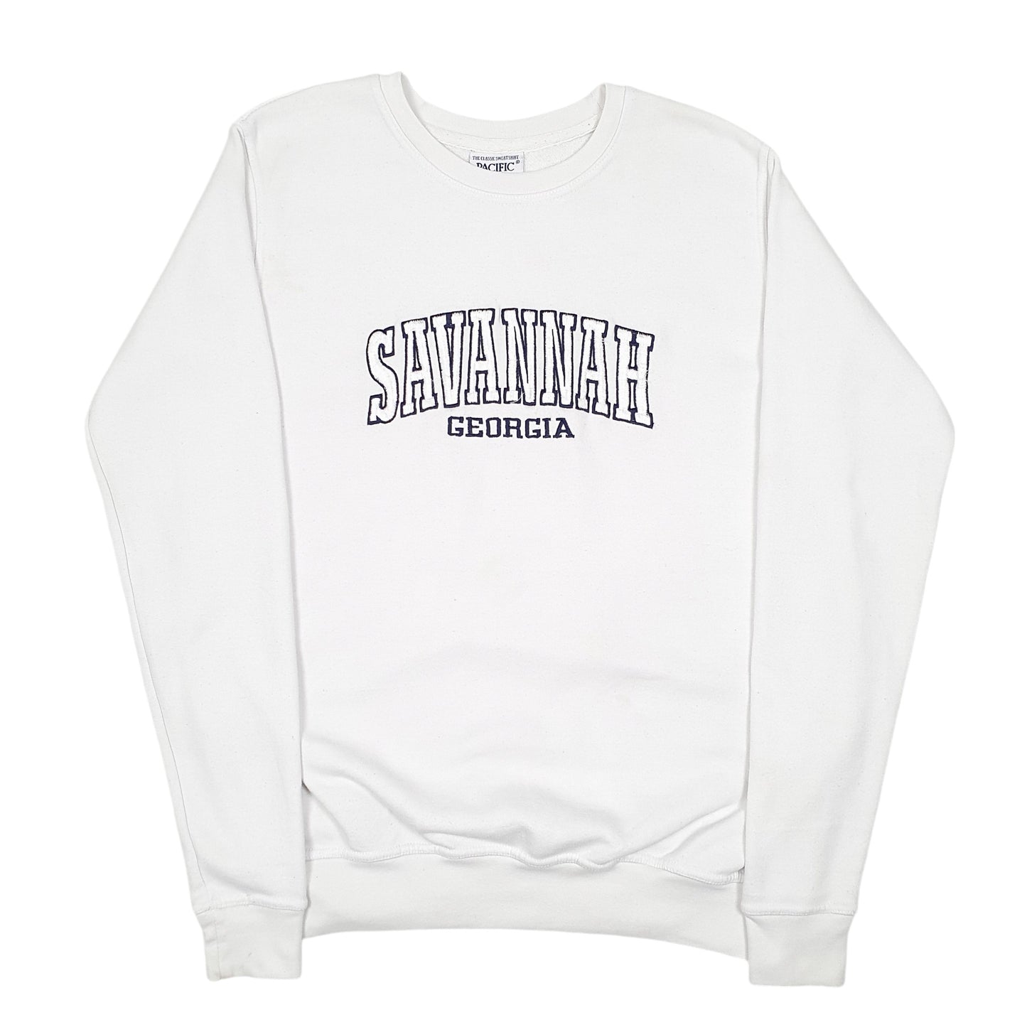 Mens White Pacific & Co Savannah Georgia USA Spellout College Crewneck Jumper