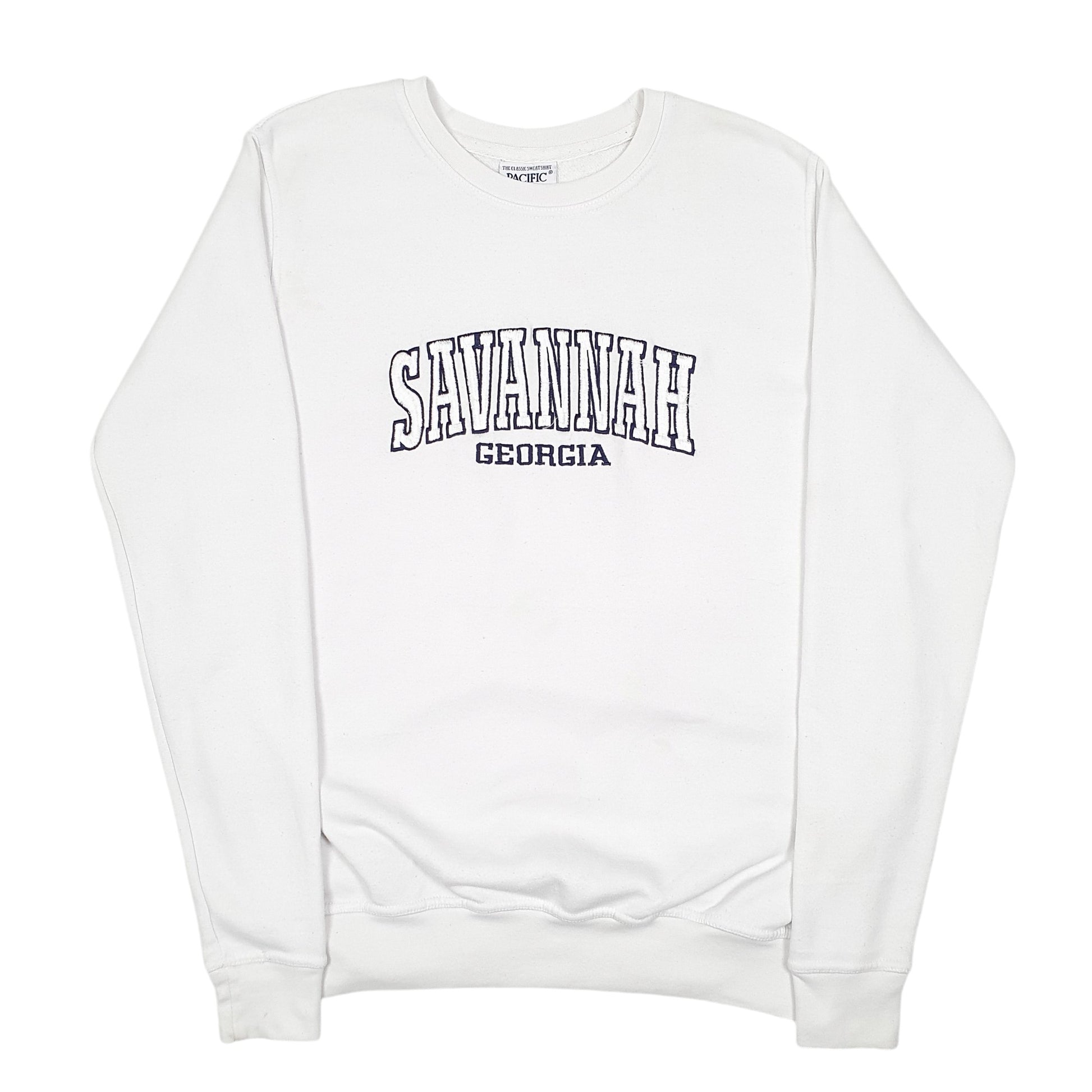 Mens White Pacific & Co Savannah Georgia USA Spellout College Crewneck Jumper