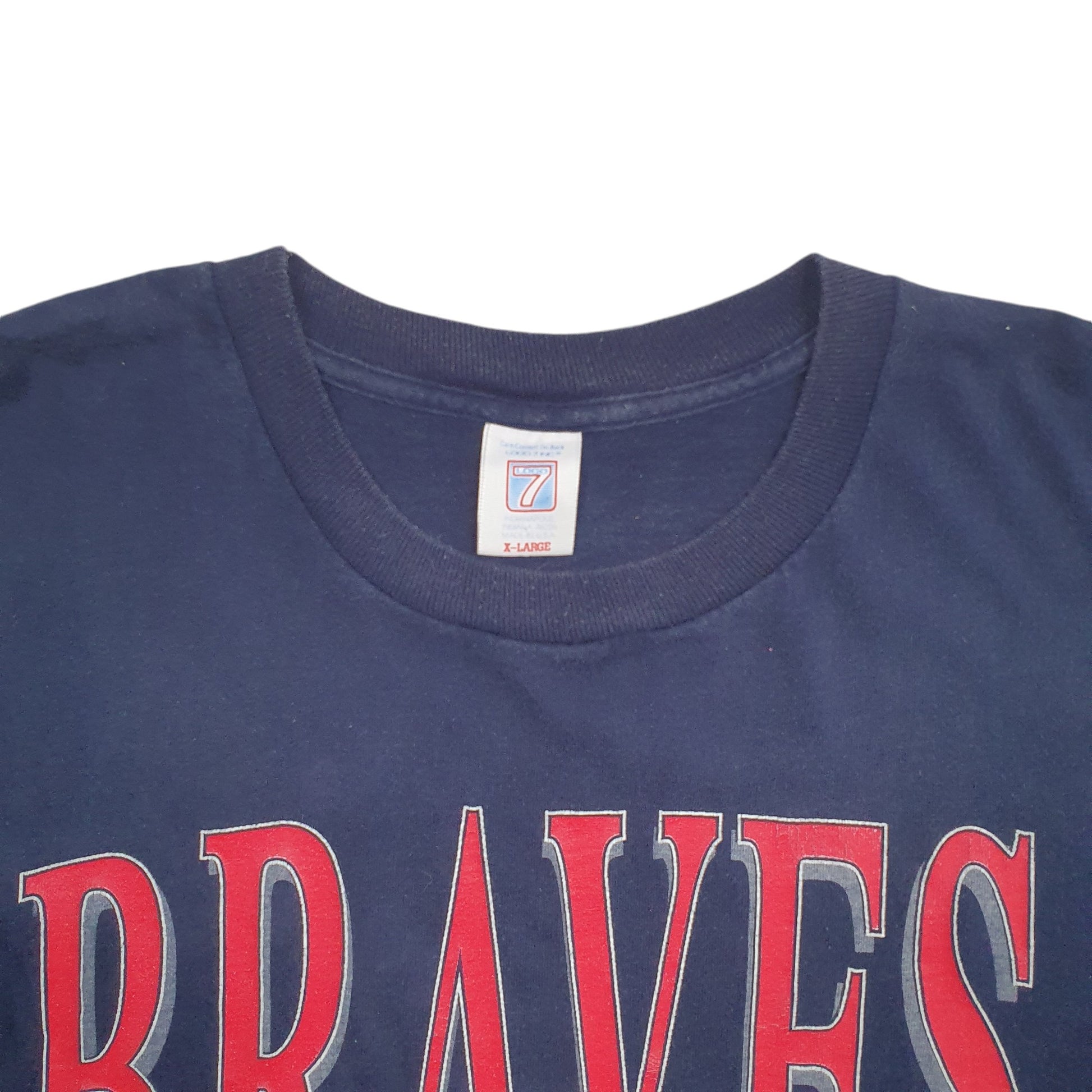 Mens Navy Logo 7 Atlanta Braves MLB Baseball Vintage 1990s Made In USA Short Sleeve T Shirt