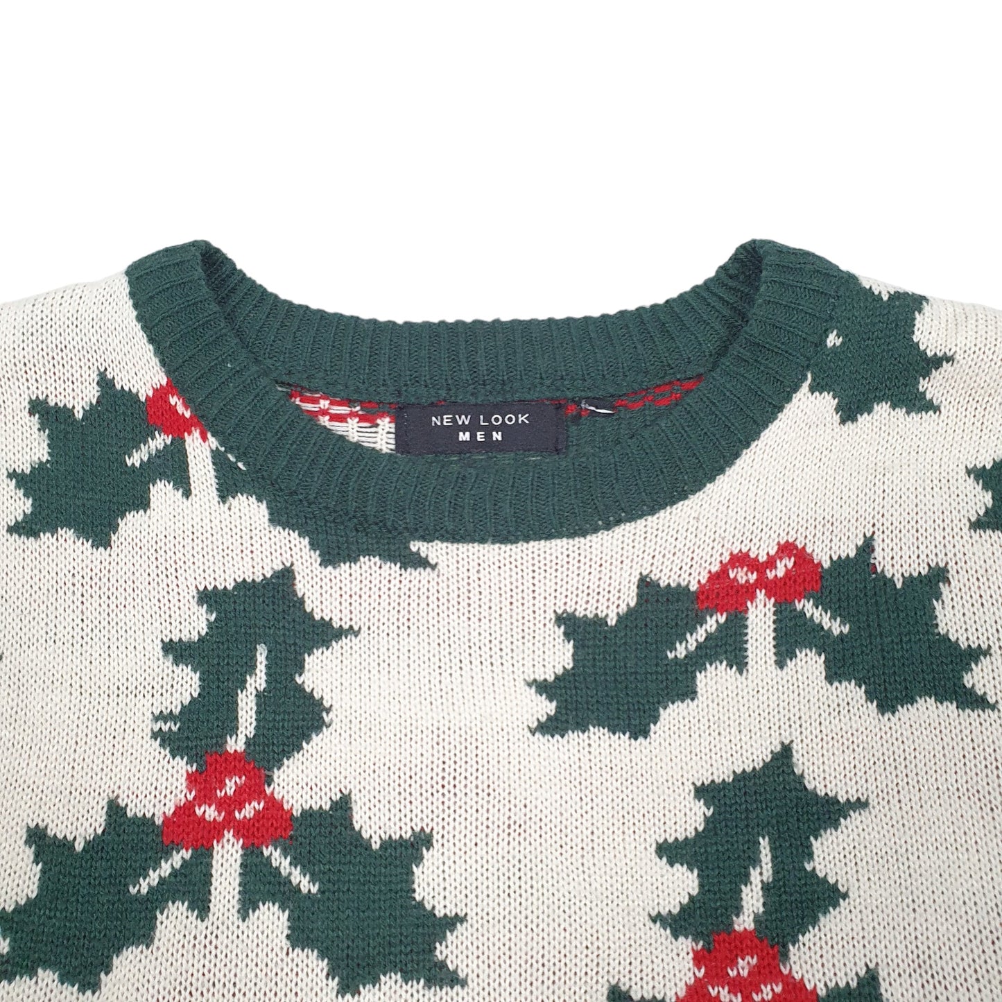 Mens Cream New Look Knit Christmas Festive Holly Ivy Crewneck Jumper