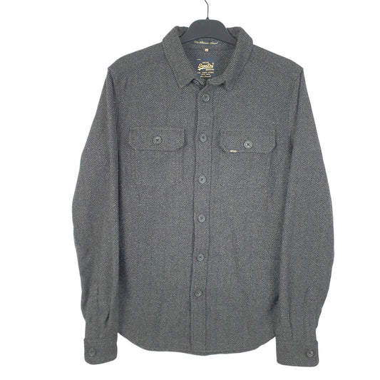 Mens Grey Supedry Herringbone Overshirt Shacket Tweed Long Sleeve Shirt