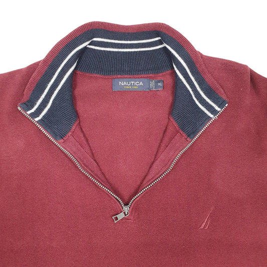 Mens Burgundy Nautica Knit Sweater Quarter Zip Jumper