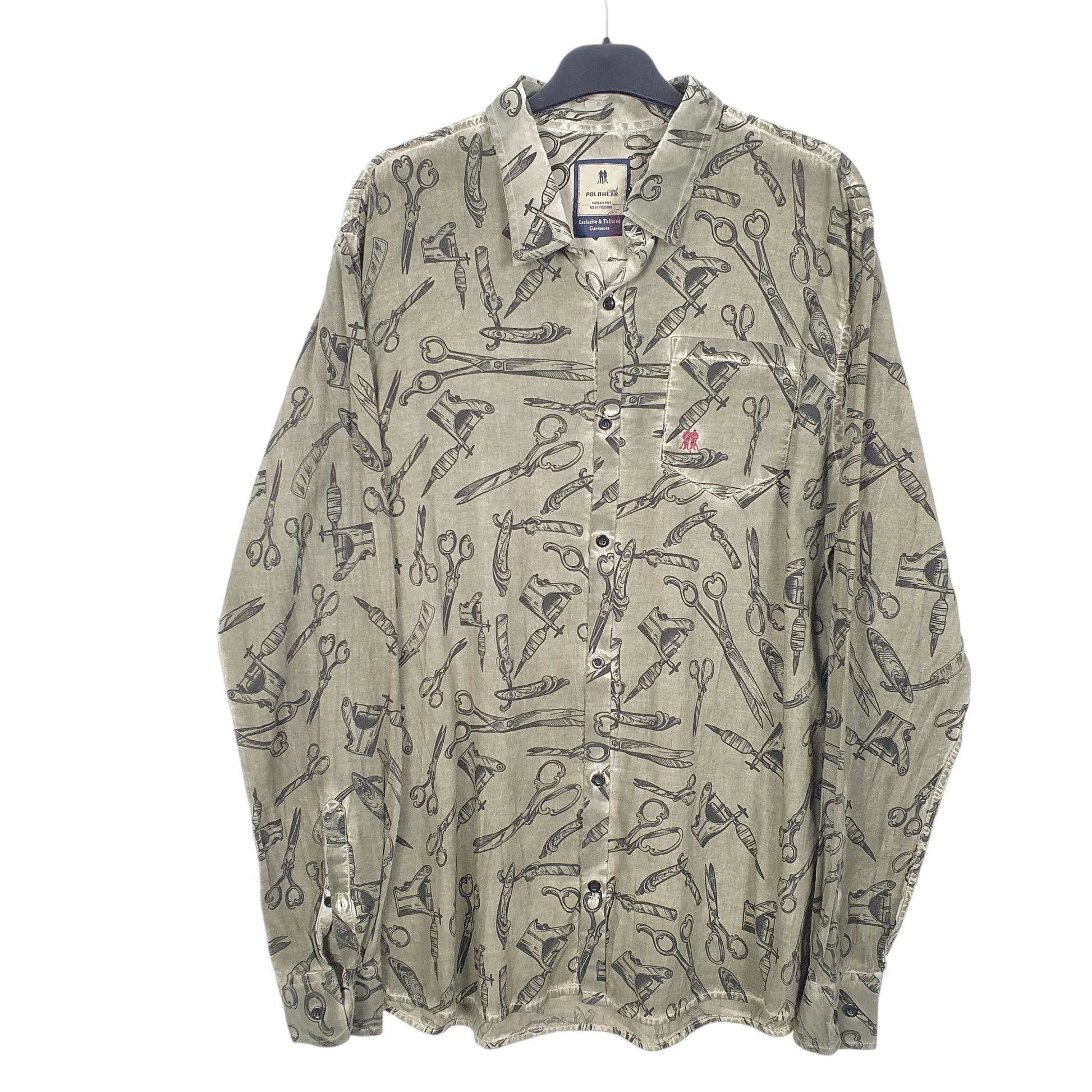 Mens Khaki Polo Wear Tattoo Gun Razor Scissors Barber Long Sleeve Shirt