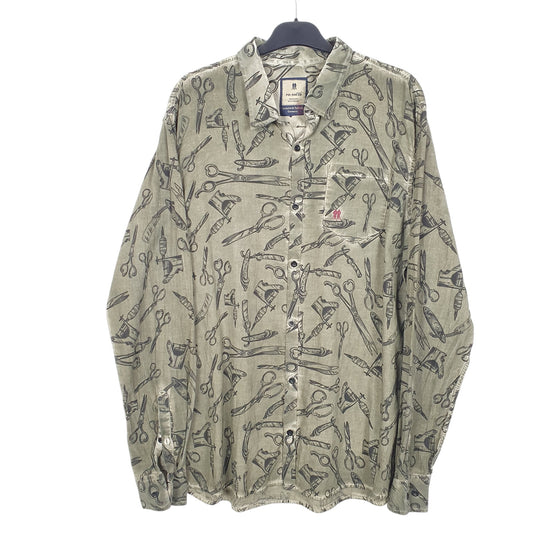 Mens Khaki Polo Wear Tattoo Gun Razor Scissors Barber Long Sleeve Shirt