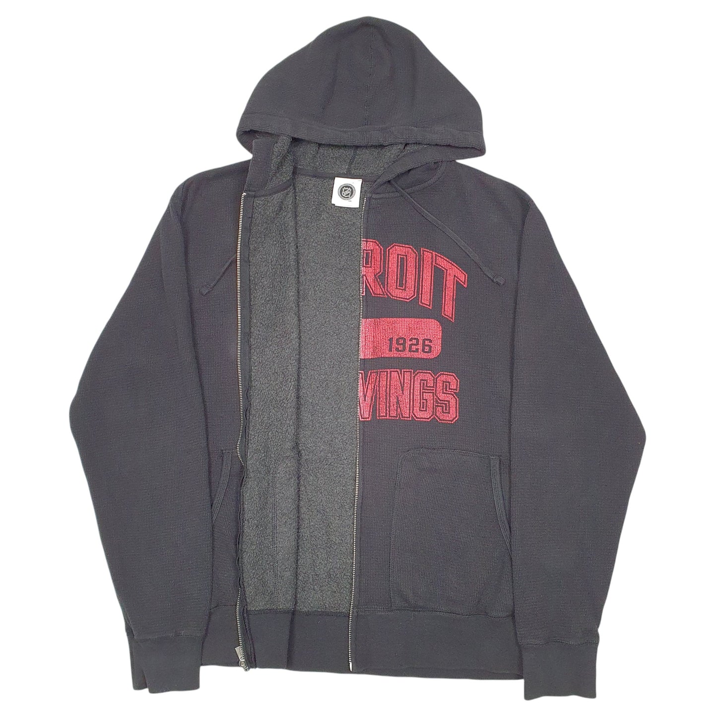 Mens Black NHL Hoodie Detroit Redwings Hockey Waffle Spellout Full Zip Jumper