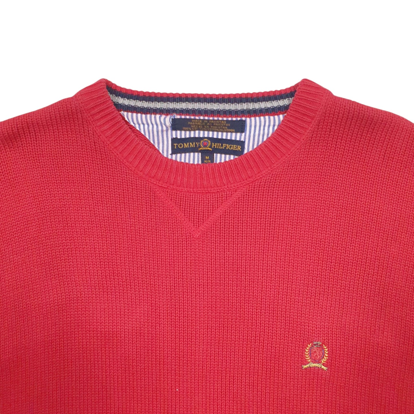 Mens Red Tommy Hilfiger Knit 2000's Vintage Crest Crewneck Jumper