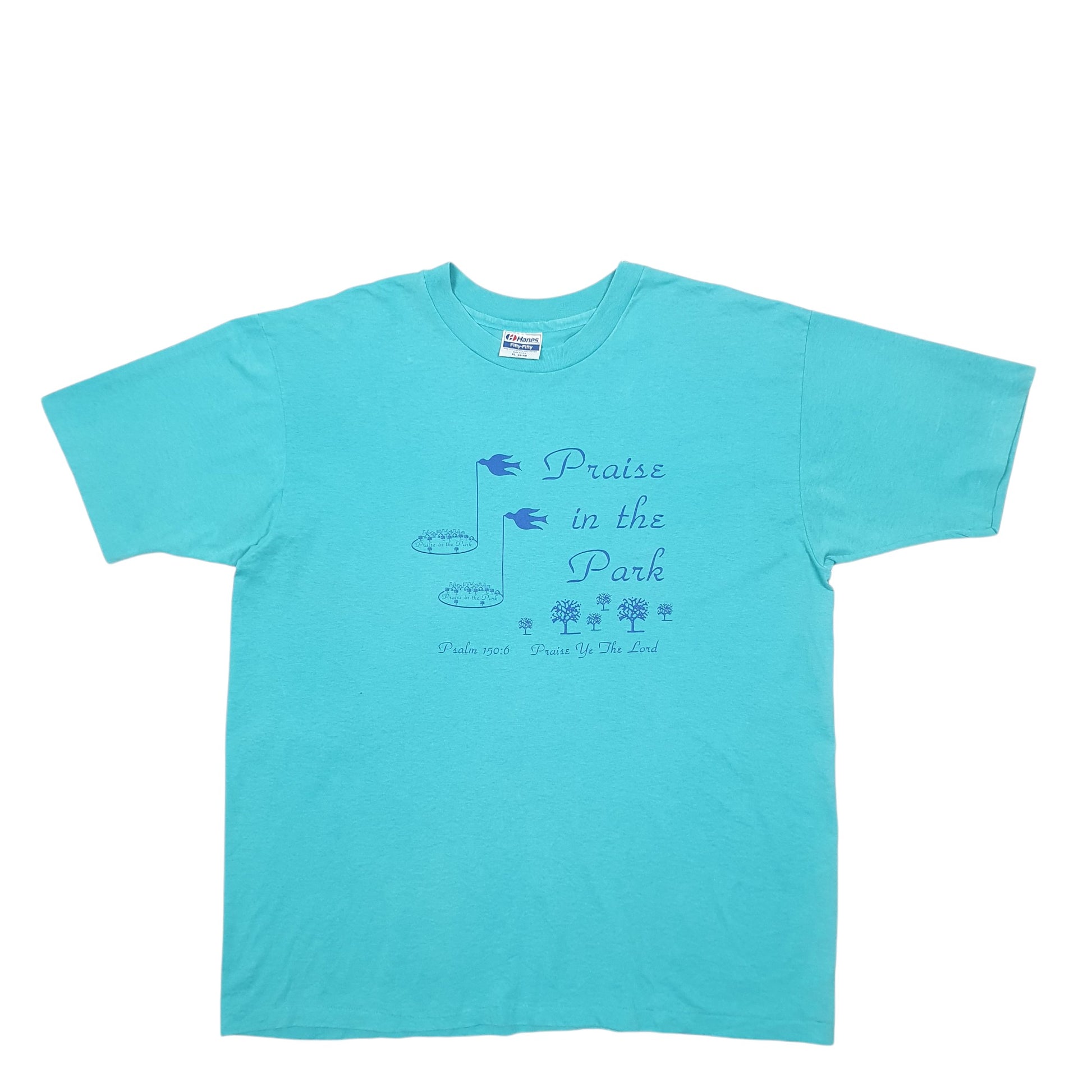 Mens Blue Hanes Single Stitch Vintage 90s Made In USA Praise The Lord Short Sleeve T Shirt