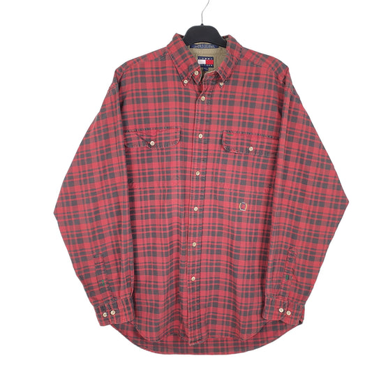 Mens Red Tommy Hilfiger Plaid Overshirt Vintage 90s Long Sleeve Shirt