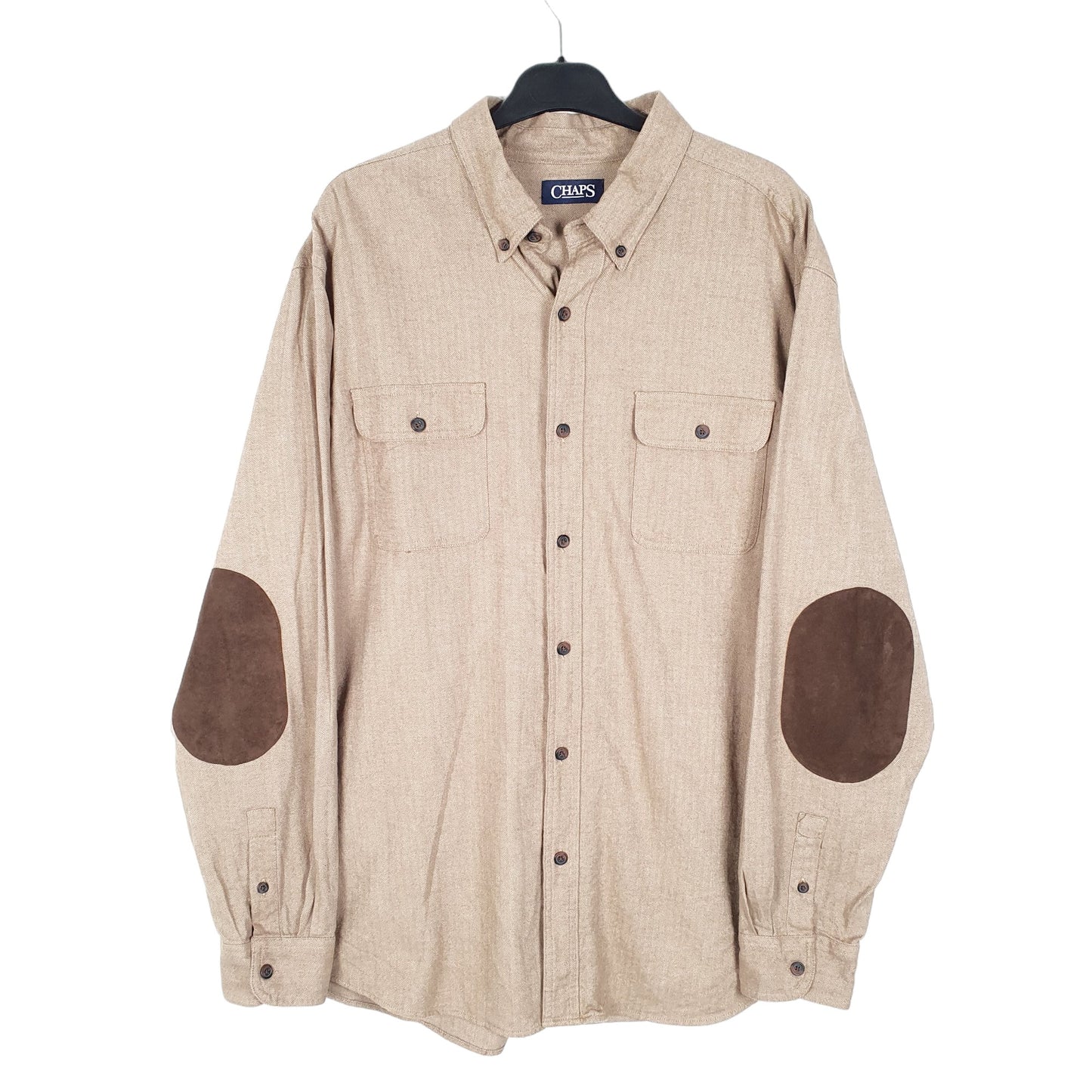 Mens Beige Chaps Herringbone Twill HBT Overshirt Shacket Long Sleeve Shirt
