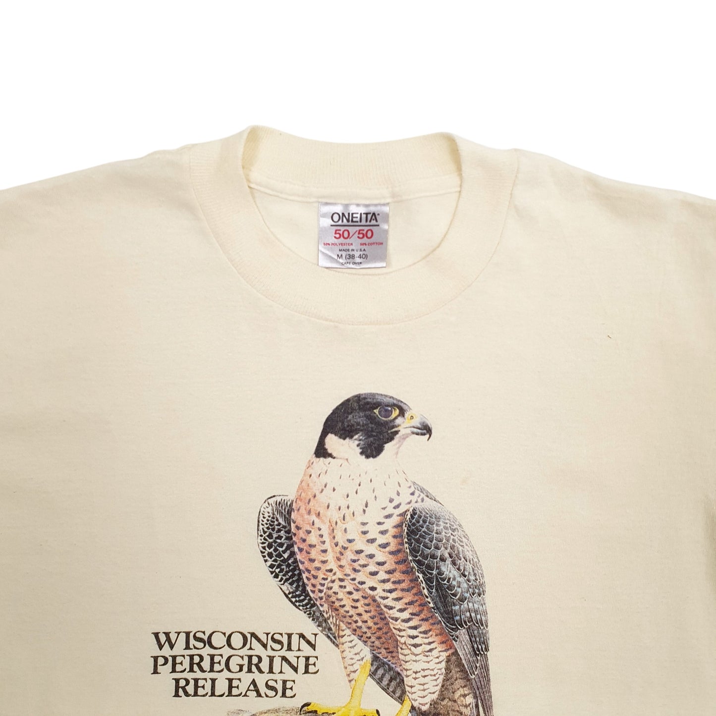 Mens Yellow Oneita Single Stitch Vintage 90s Wisconsin Peregrine Short Sleeve T Shirt