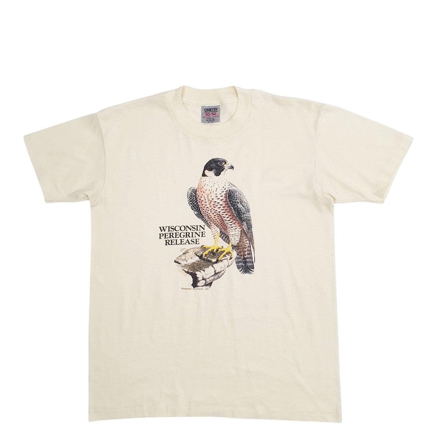 Mens Yellow Oneita Single Stitch Vintage 90s Wisconsin Peregrine Short Sleeve T Shirt