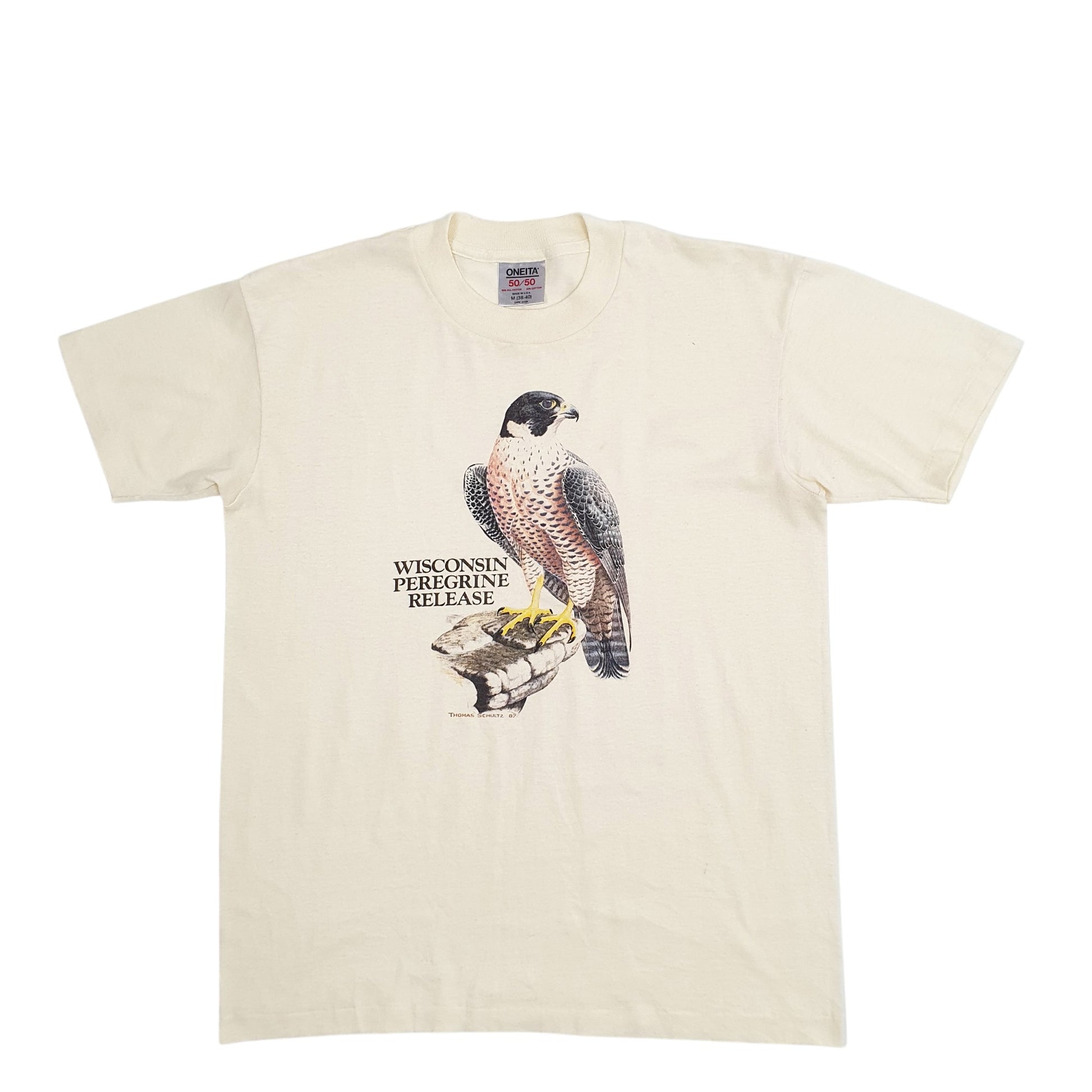 Mens Yellow Oneita Single Stitch Vintage 90s Wisconsin Peregrine Short Sleeve T Shirt