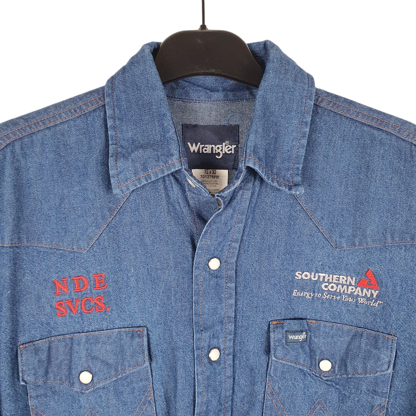 Mens Blue Wrangler Denim Jeans Western Pearl Snap Cowboy Southern Energy USA Long Sleeve Shirt